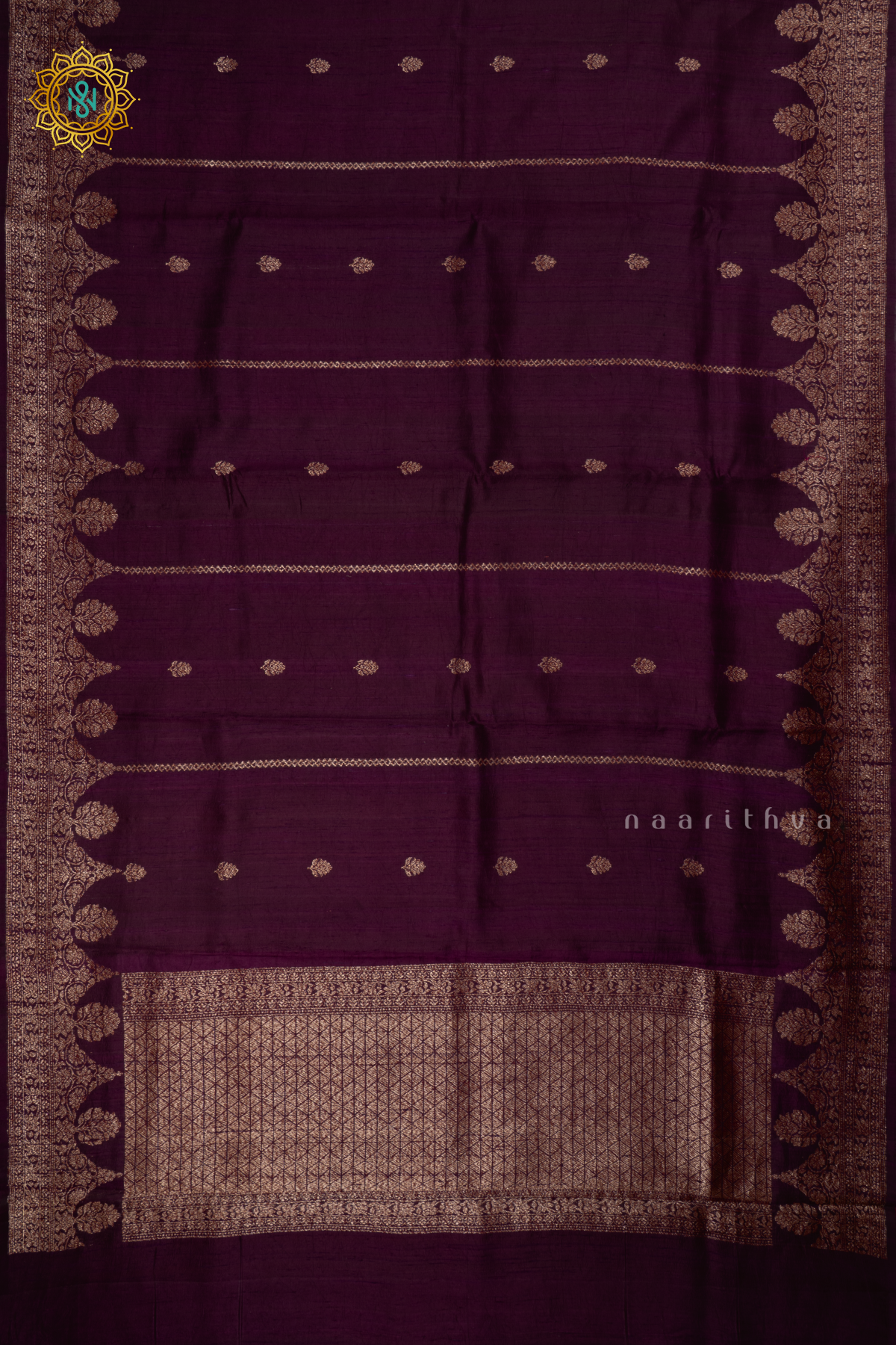 Wine - Pure Banarasi Raw Silk Saree With Allover Zari Woven Buttas And Scallop Border