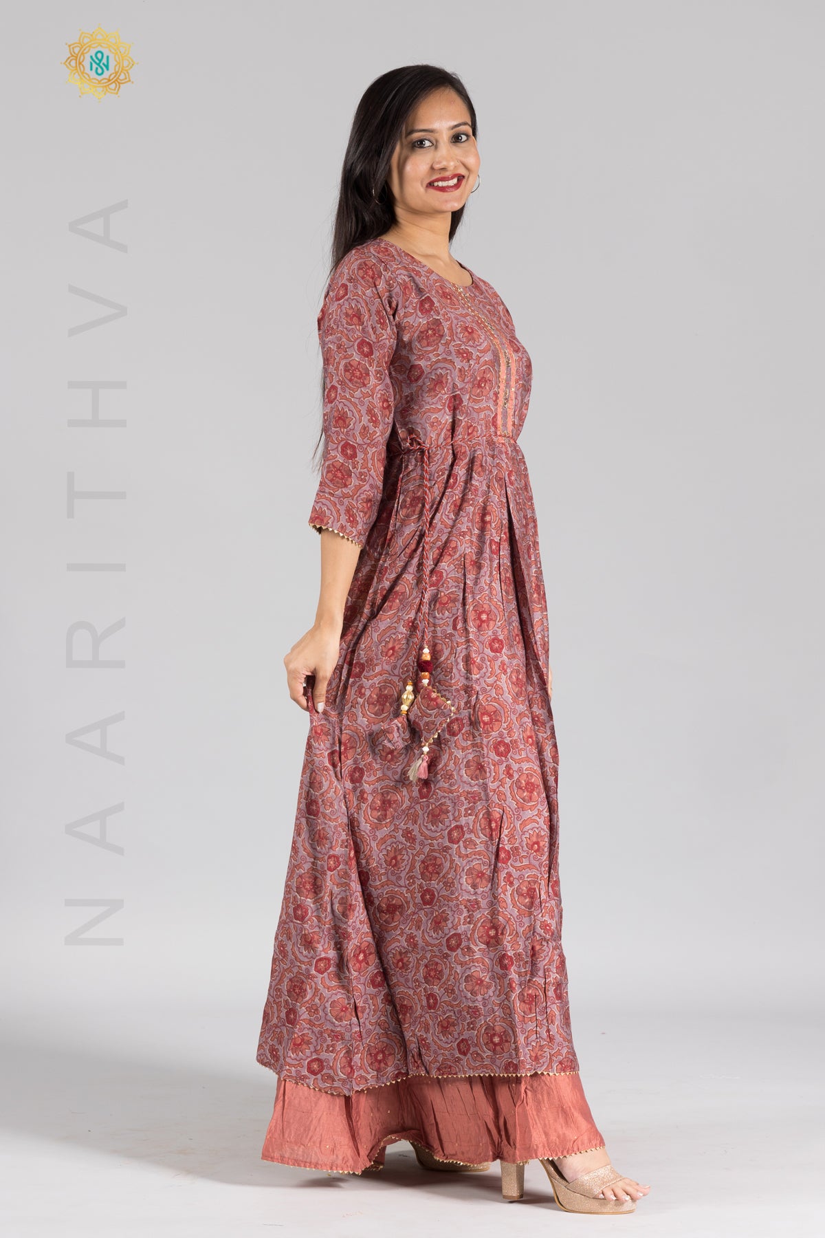 PEACH - PRINTED FLOOR LENGHT KURTHI WITH BEAUTIFUL HANDWORK ON NECKLINE