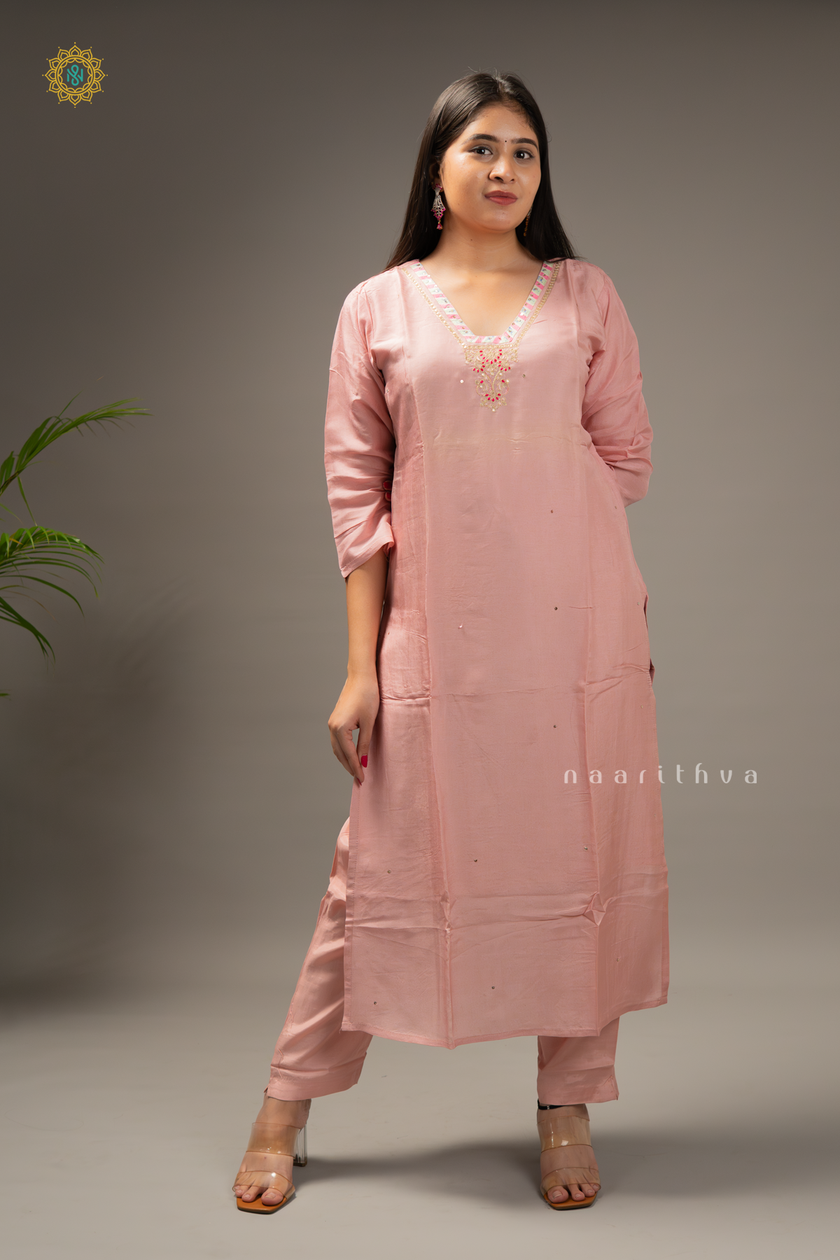 PEACH WITH PINK - SILK 3PC SALWAR SUIT WITH TOP, BOTTOM & DUPATTA