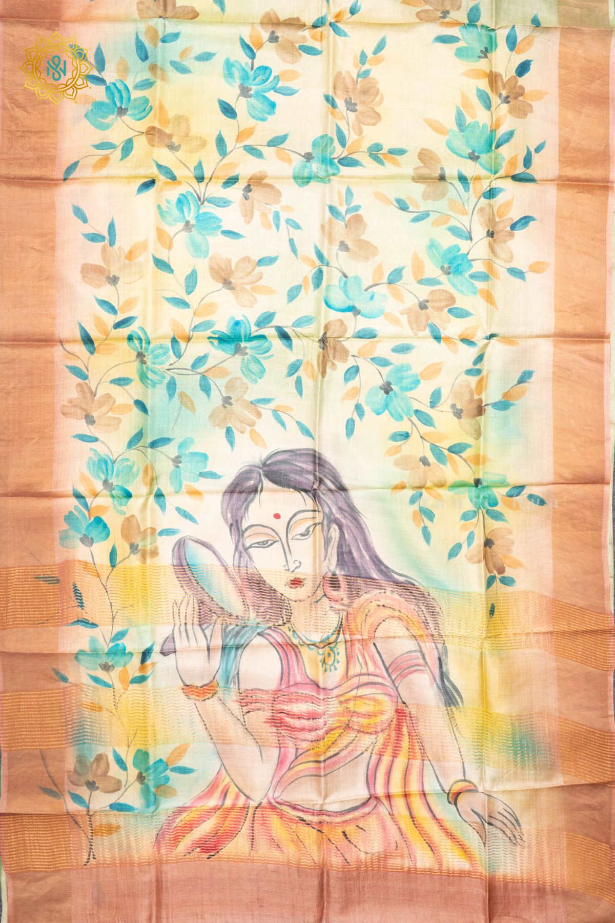 SAGE GREEN WITH PEACH - PURE TUSSAR SILK WITH HAND PAINTED