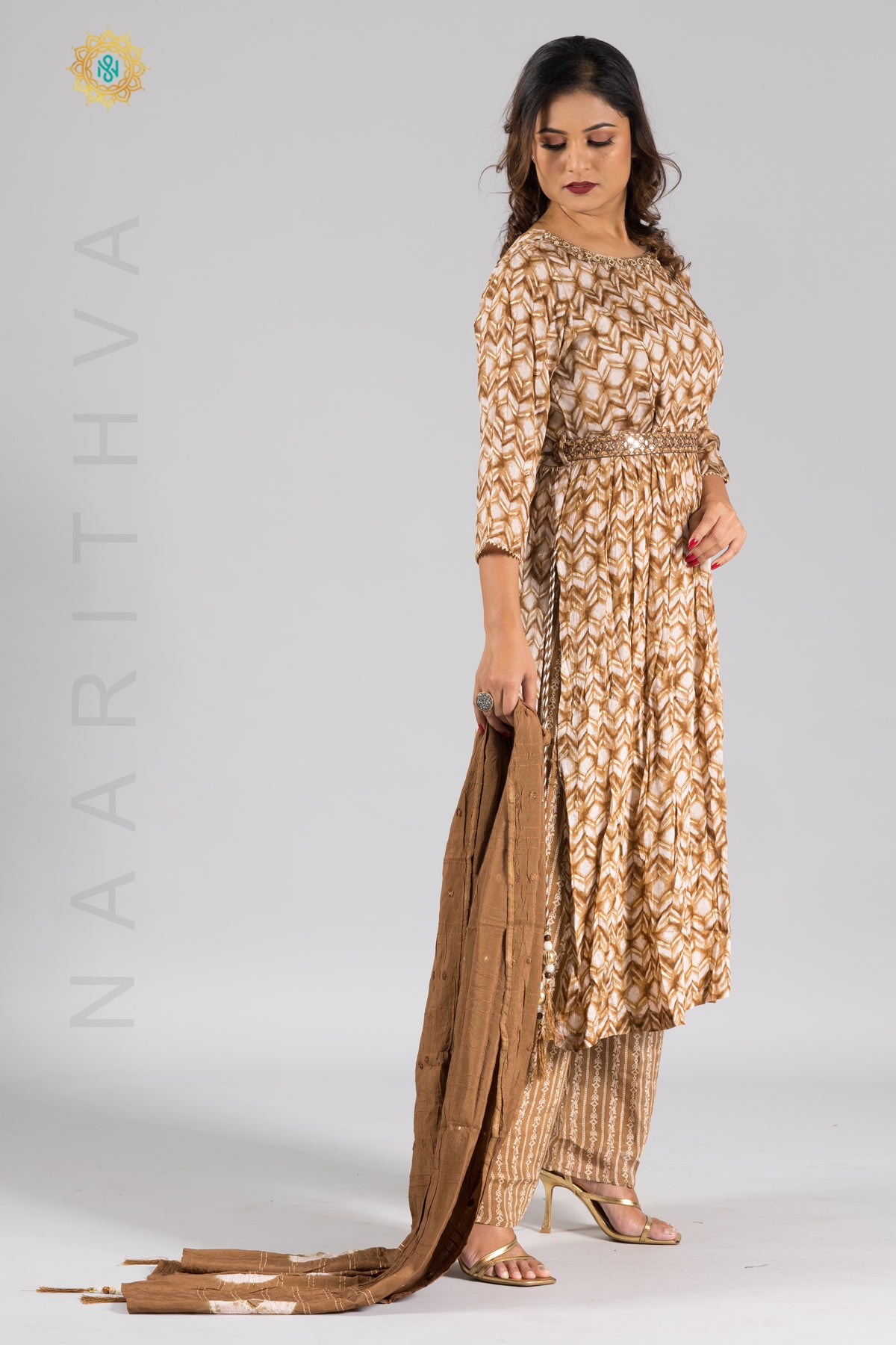 BROWN & WHITE - PARTY WEAR NAYRA CUT SALWAR SUIT WITH PARALLEL CUT PANT & DUPATTA
