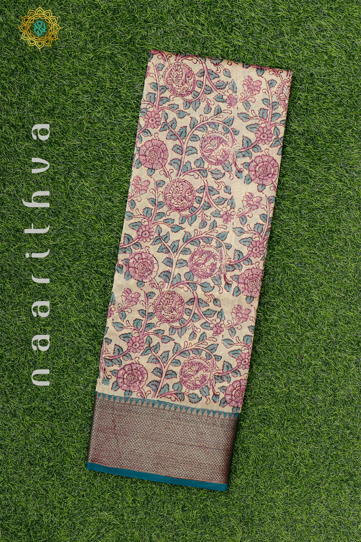 Pink With Blue Chanderi Silk Cotton With Printed Body And Zari Border