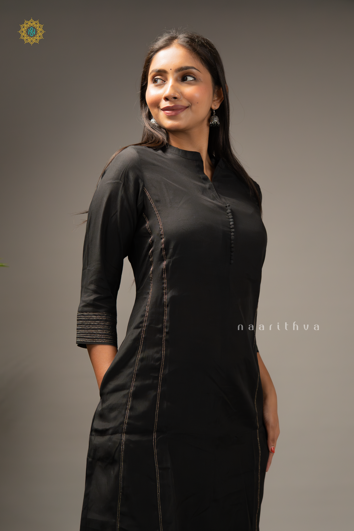 BLACK WITH OFF WHITE - SILK 3PC SALWAR SUIT WITH TOP, BOTTOM & DUPATTA