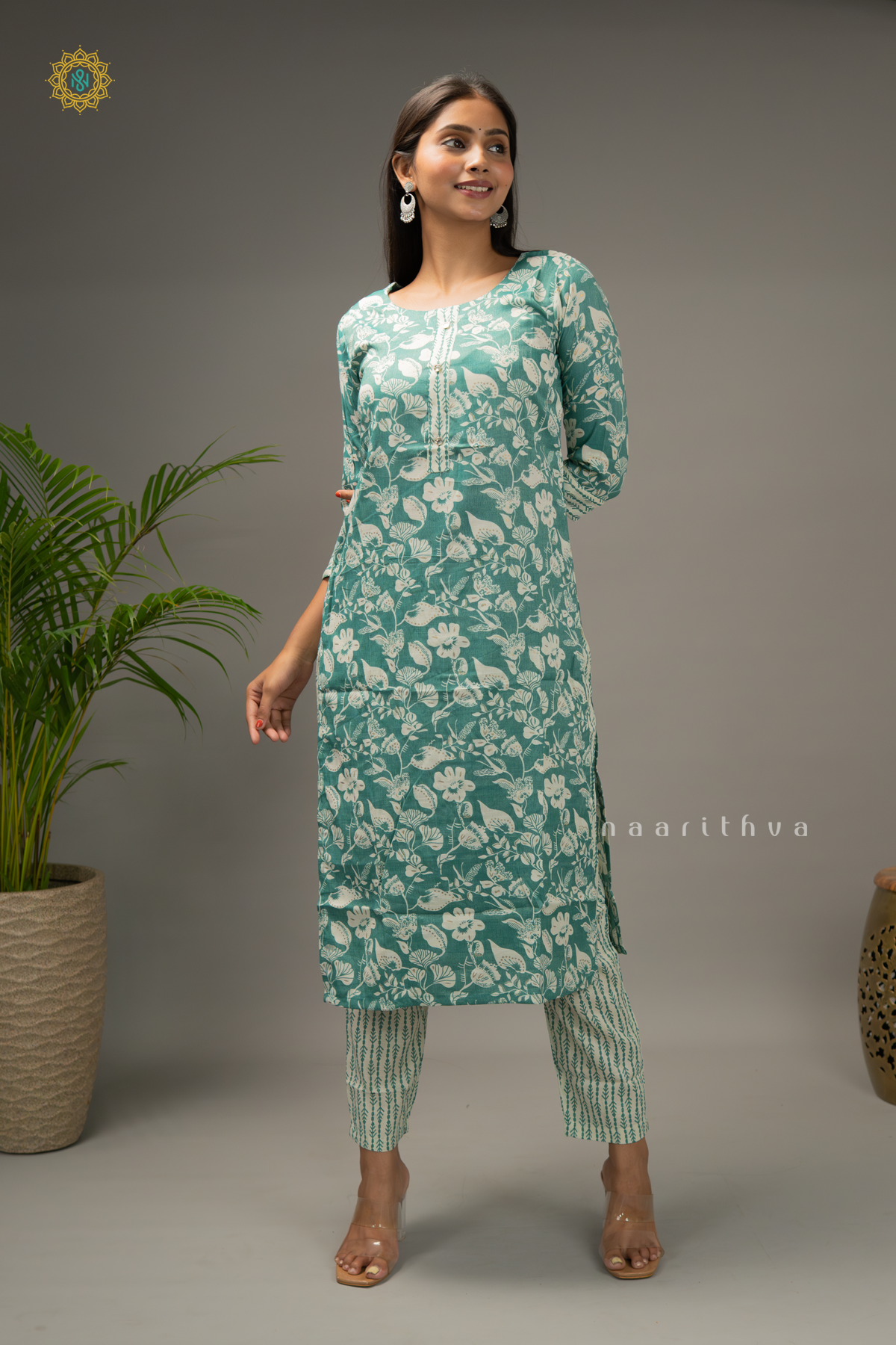 AQUA GREEN - COTTON 3PC SALWAR SUIT WITH PRINTED TOP, BOTTOM & DUPATTA