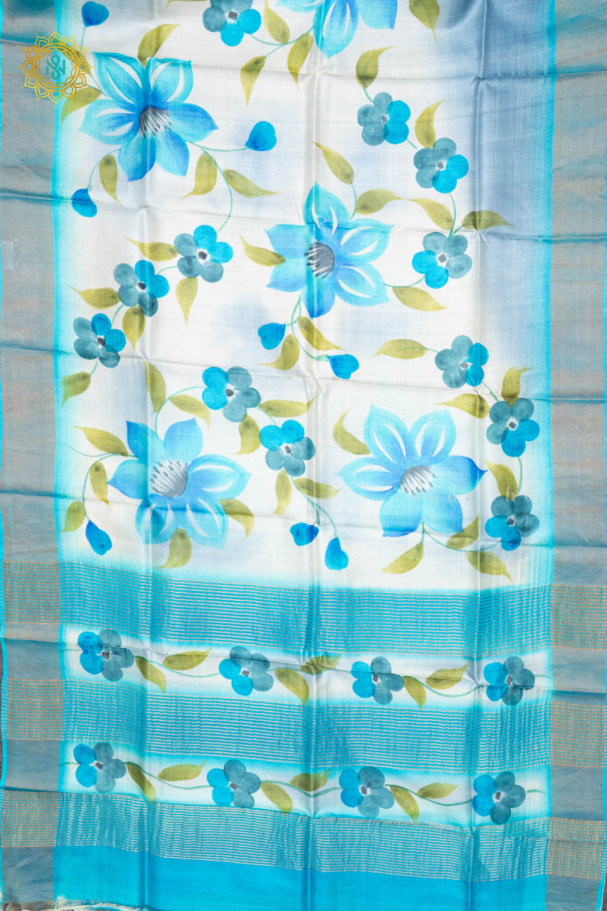 AQUA BLUE WITH SKY BLUE - PURE TUSSAR SILK WITH HAND PAINTED