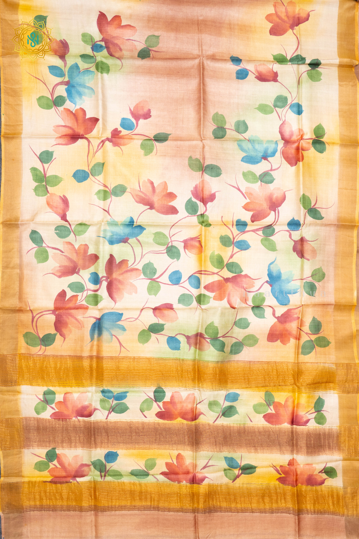 PEACH WITH MUSTARD - PURE TUSSAR SILK WITH HAND PAINTED