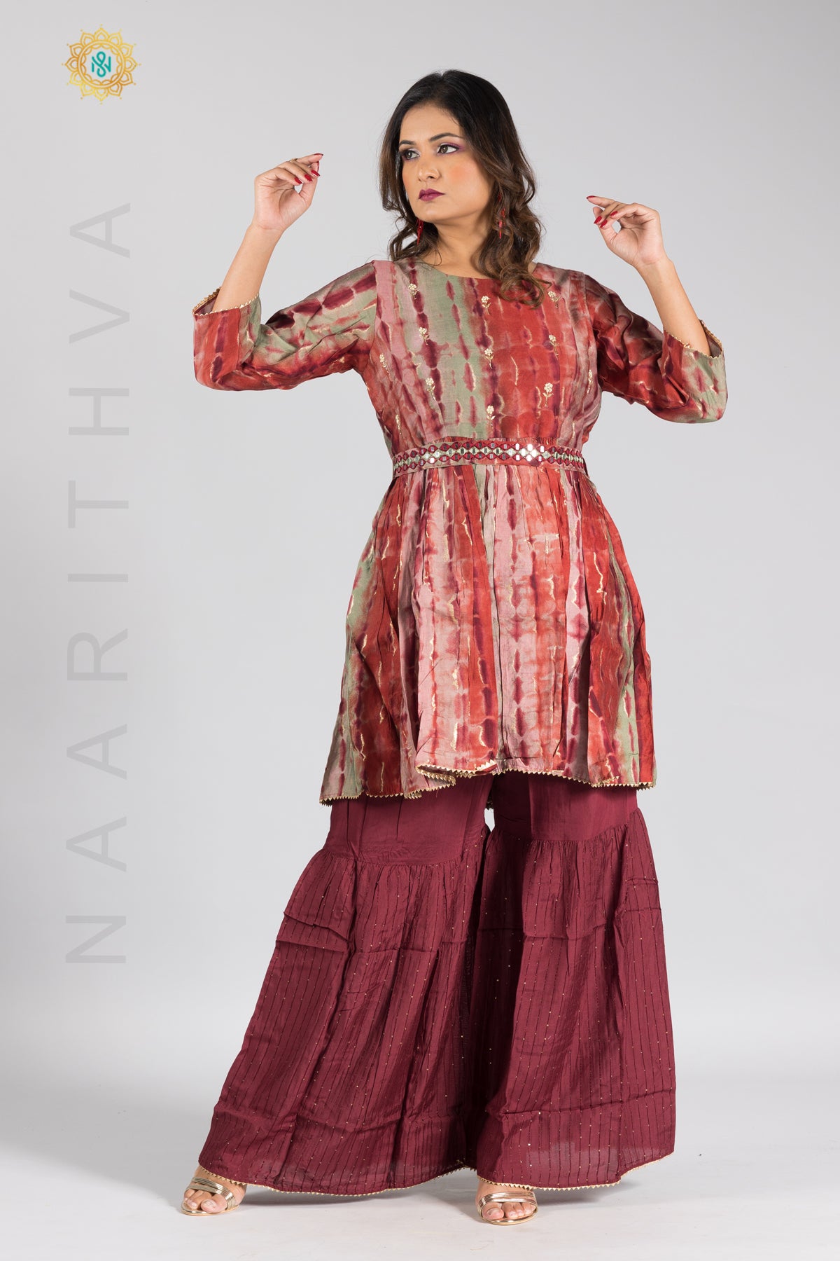 MAROON - PRINTED PAPLONE SALWAR SUIT WITH SHARARA PANT & DUPATTA