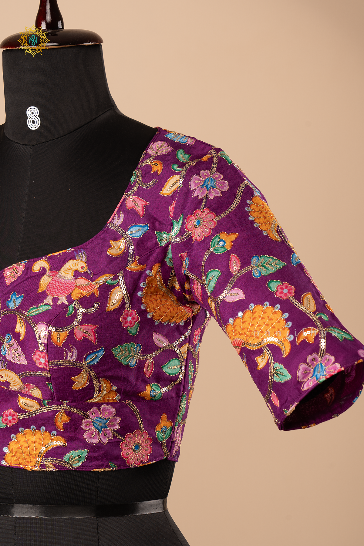 MAGENTA - DOLA SILK READYMADE BLOUSE WITH POSITION PRINTS & AARI WORK