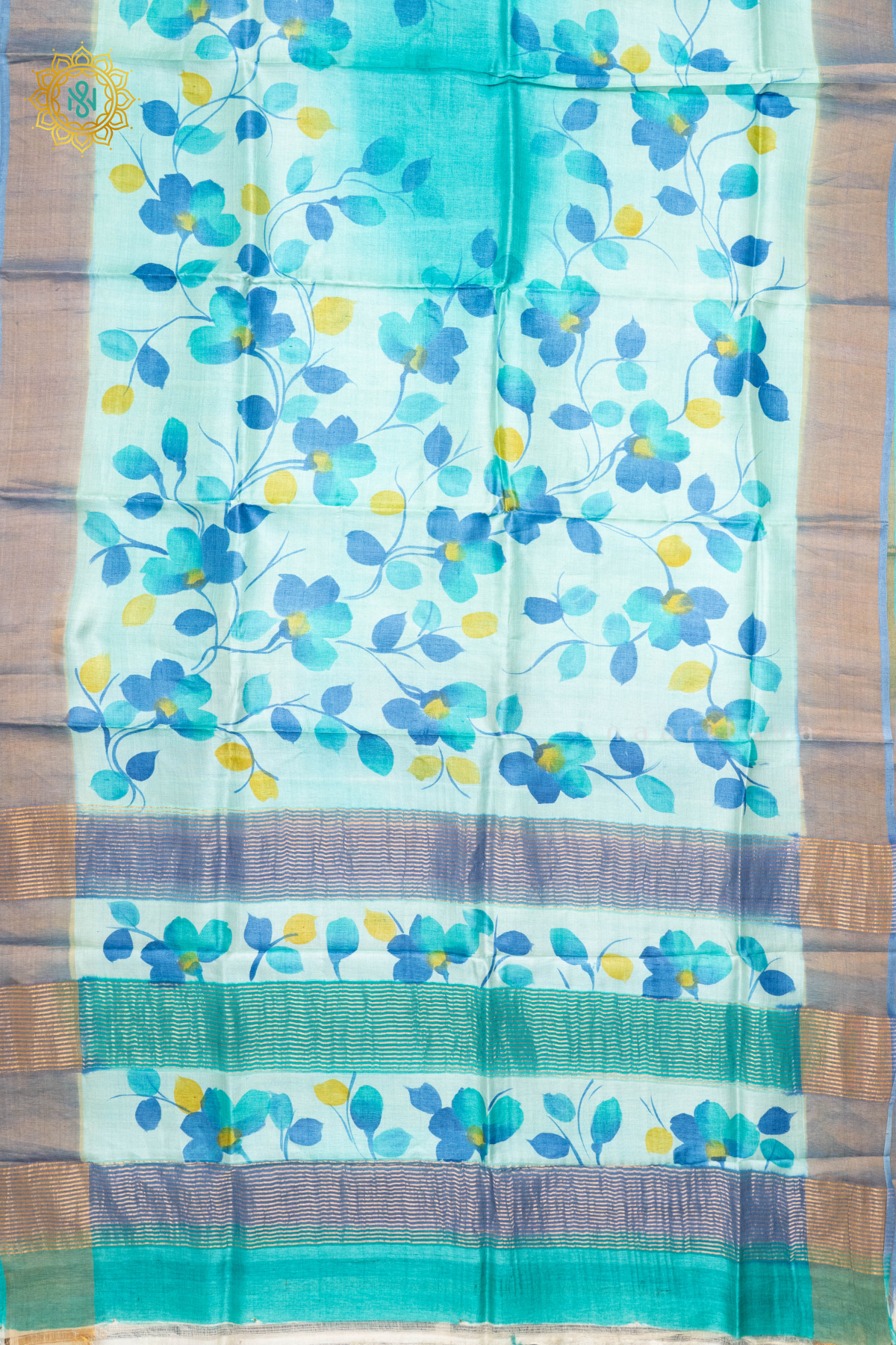 AQUA BLUE - PURE TUSSAR SILK WITH HAND PAINTED