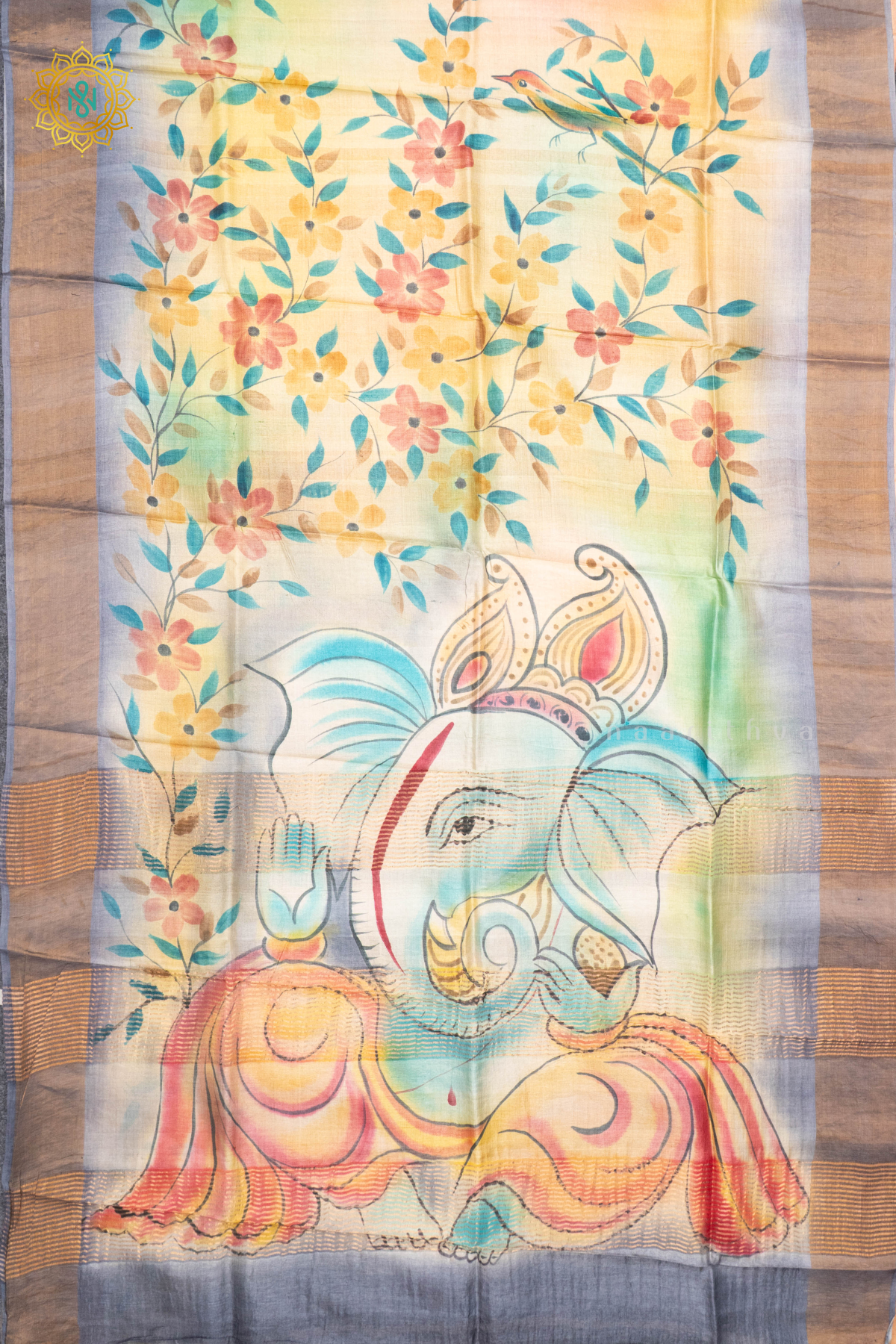 PEACH WITH GREY - PURE TUSSAR SILK WITH HAND PAINTED
