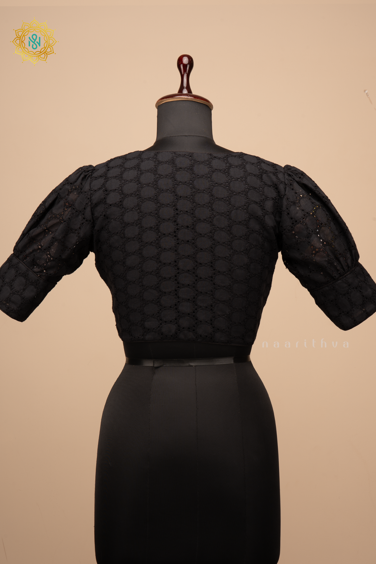 Black - Cotton readymade blouse with hakoba work and puff sleeves