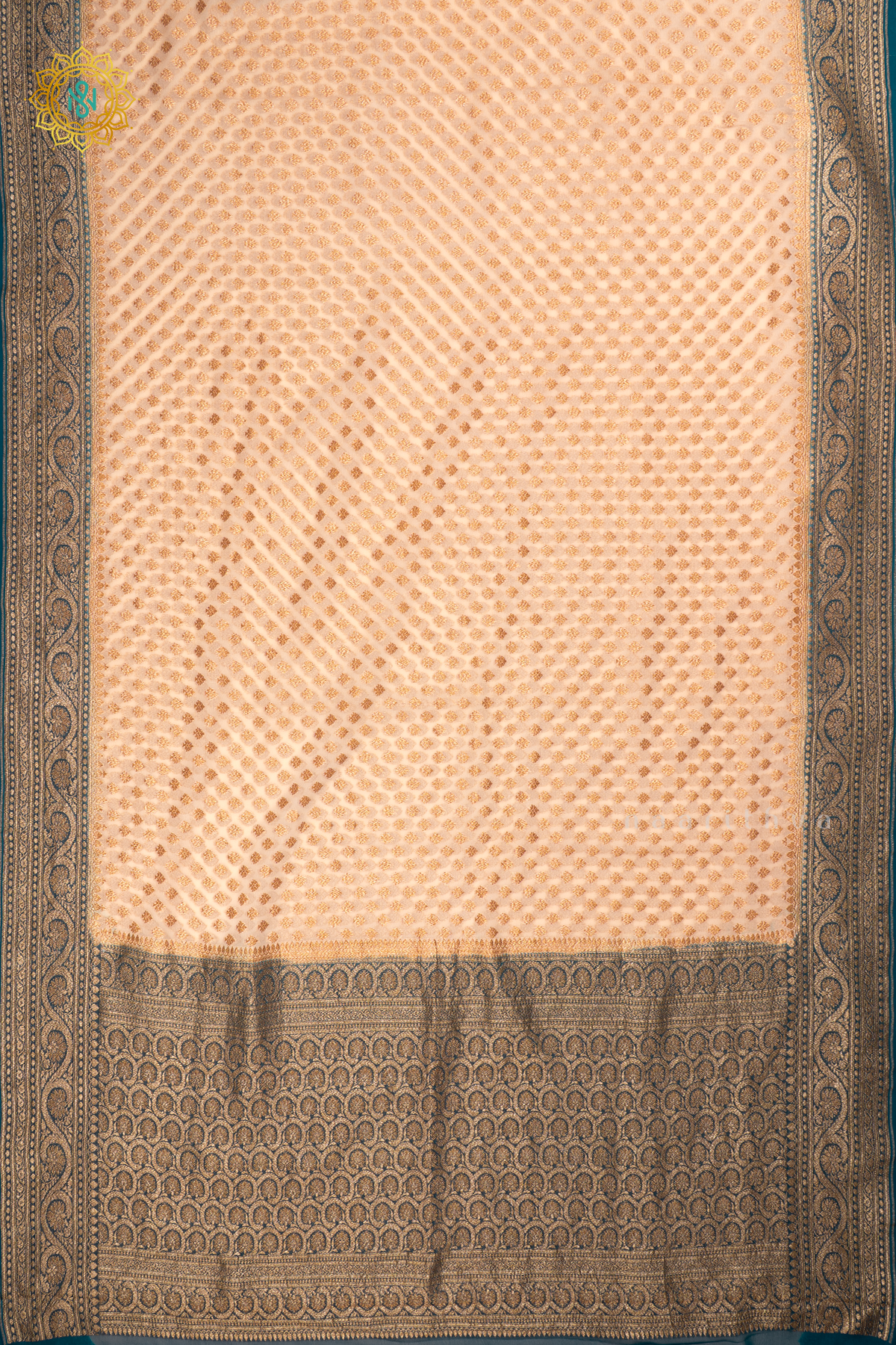 Off White With Blue Pure Banarasi Khaddi Georgette Saree Allover Zari Woven Buttas And Contrast Zari Woven Border