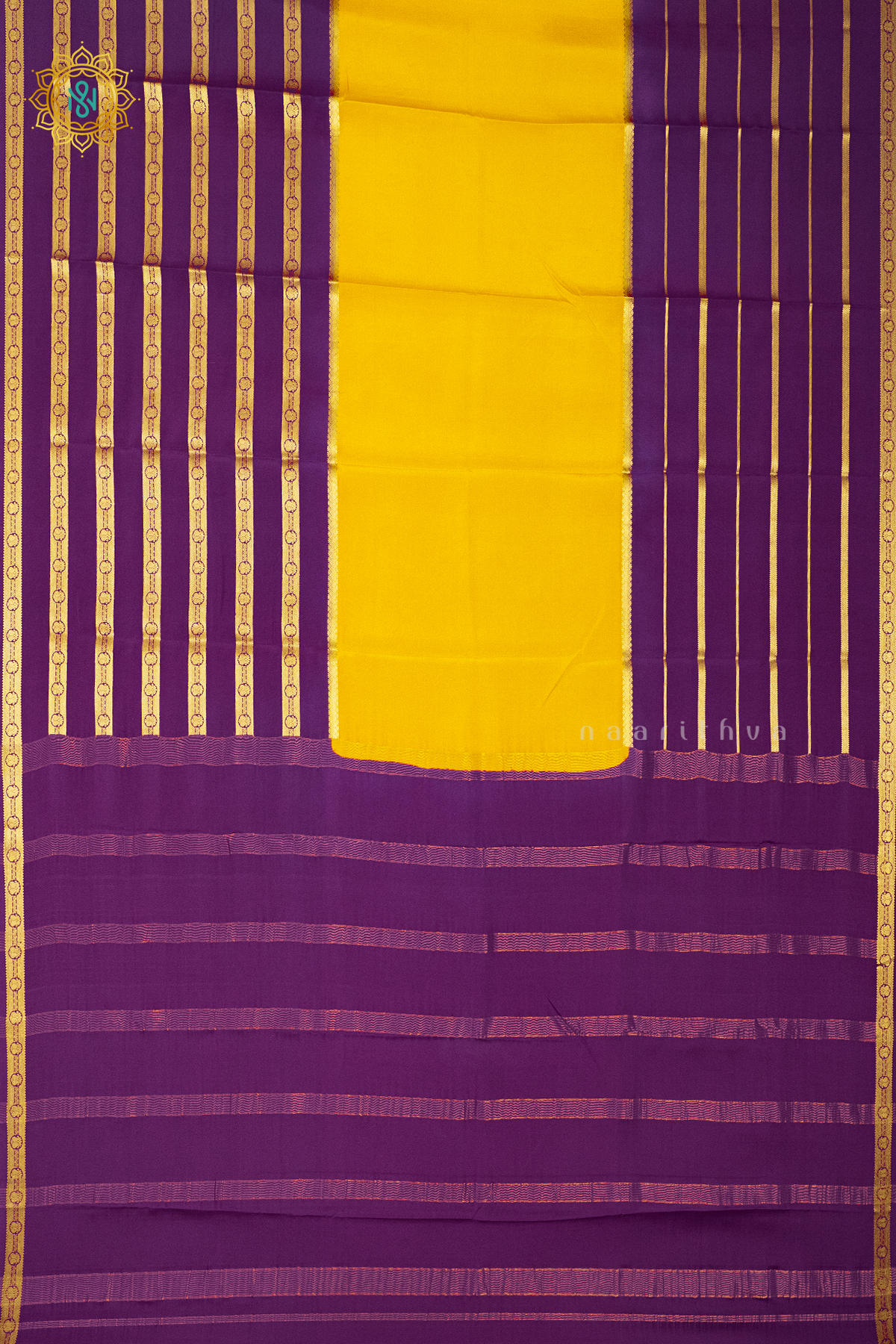 YELLOW WITH PURPLE - PURE MYSORE CREPE SILK