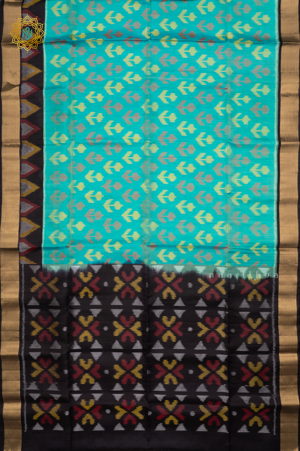 CYAN GREEN WITH BLACK - PURE KANJIVARAM IKAT SOFT SILK