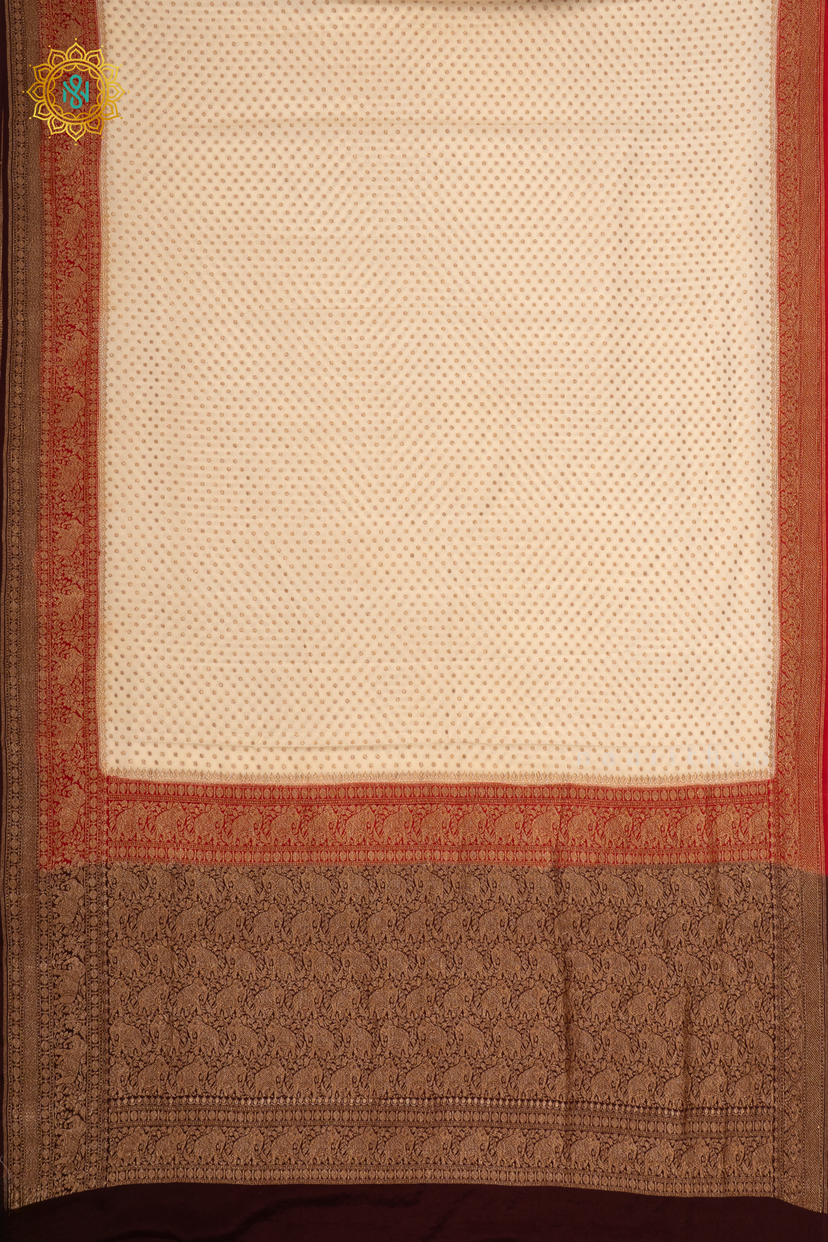 WHITE WITH RED & BROWN - PURE BANARASI CREPE SILK