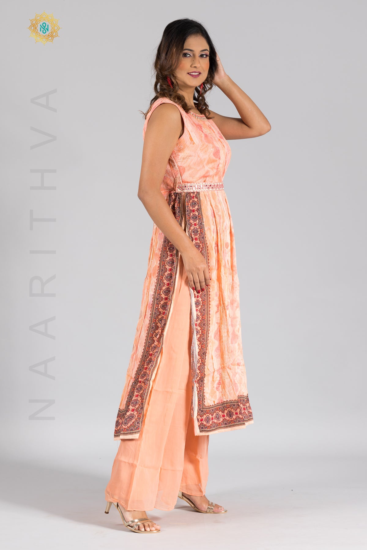 PEACH - PRINTED NAYRA CUT SALWAR SUIT WITH PALAZZO PANT & DUPATTA