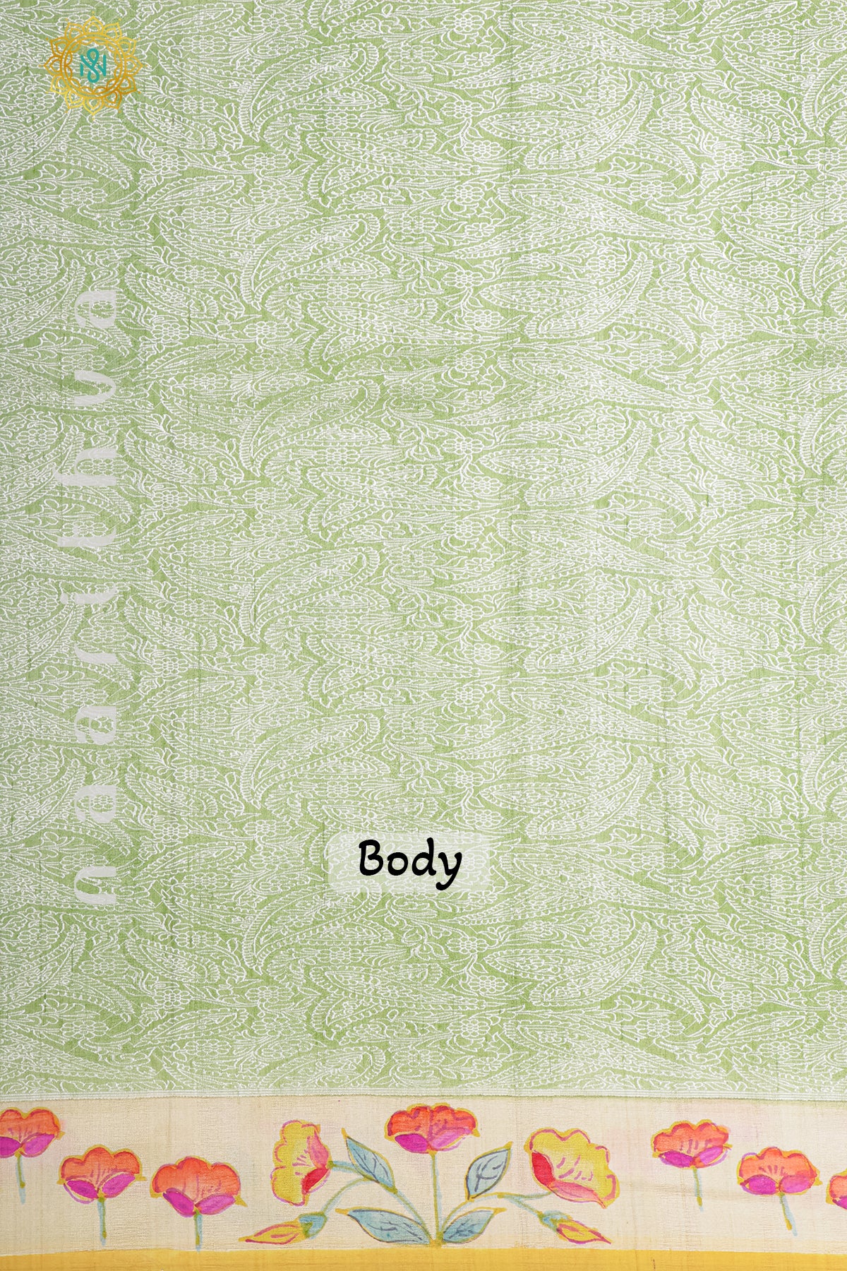 GREEN WITH OFF WHITE & YELLOW - PURE HAND PAINTED TUSSAR GEORGETTE