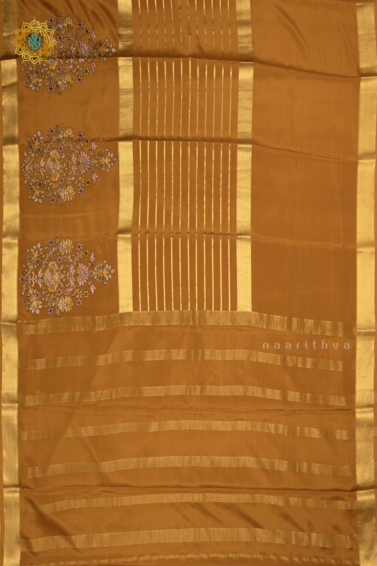 Light Brown Pure Mysore Crepe SIlk Saree With Zari Striped Body and Zari Printed Gap Border