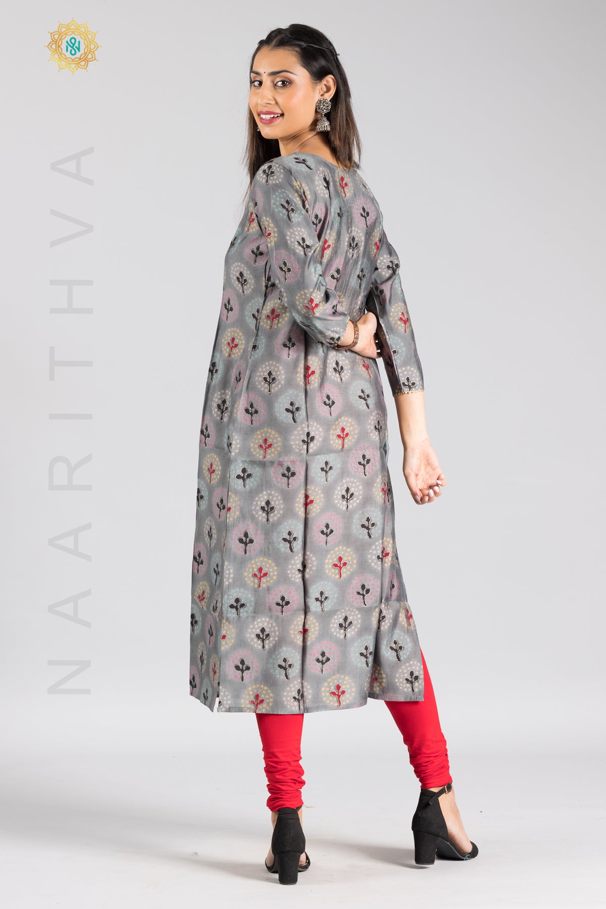 GREY - MODAL SILK CASUAL PRINTED STRAIGHT CUT KURTI WITH NECK EMBROIDERY