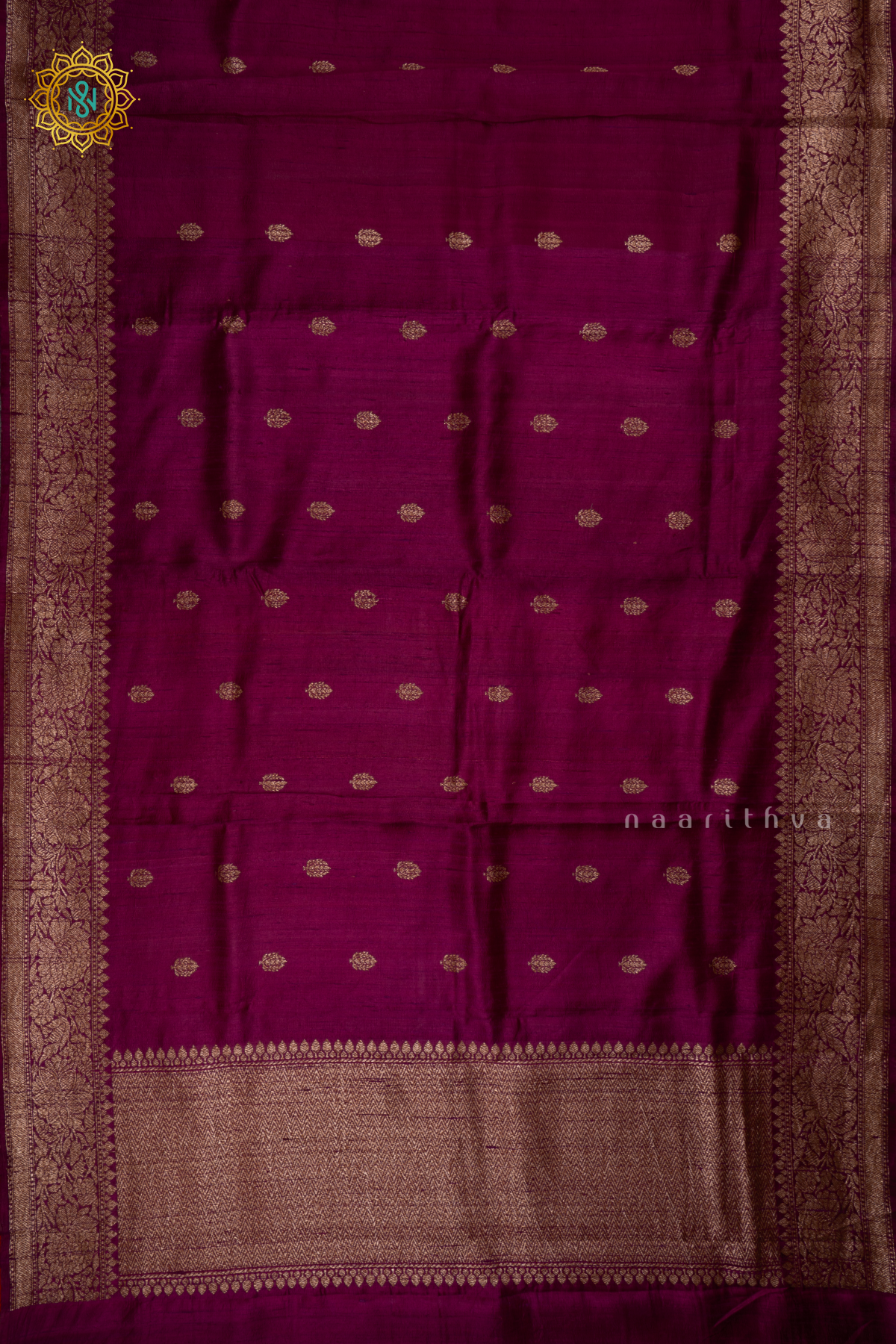 Magenta - Pure Banarasi Raw Silk Saree With Allover Zari Woven Buttas And Border