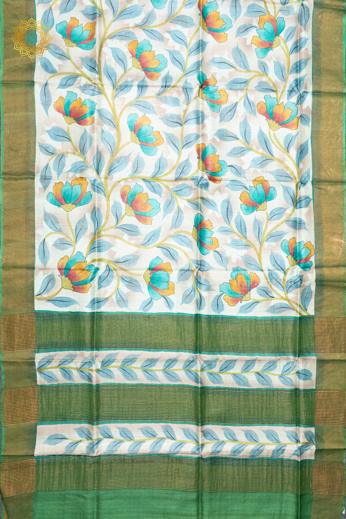 AQUA GREEN WITH LIGHT GREEN - PURE TUSSAR SILK WITH HAND PAINTED