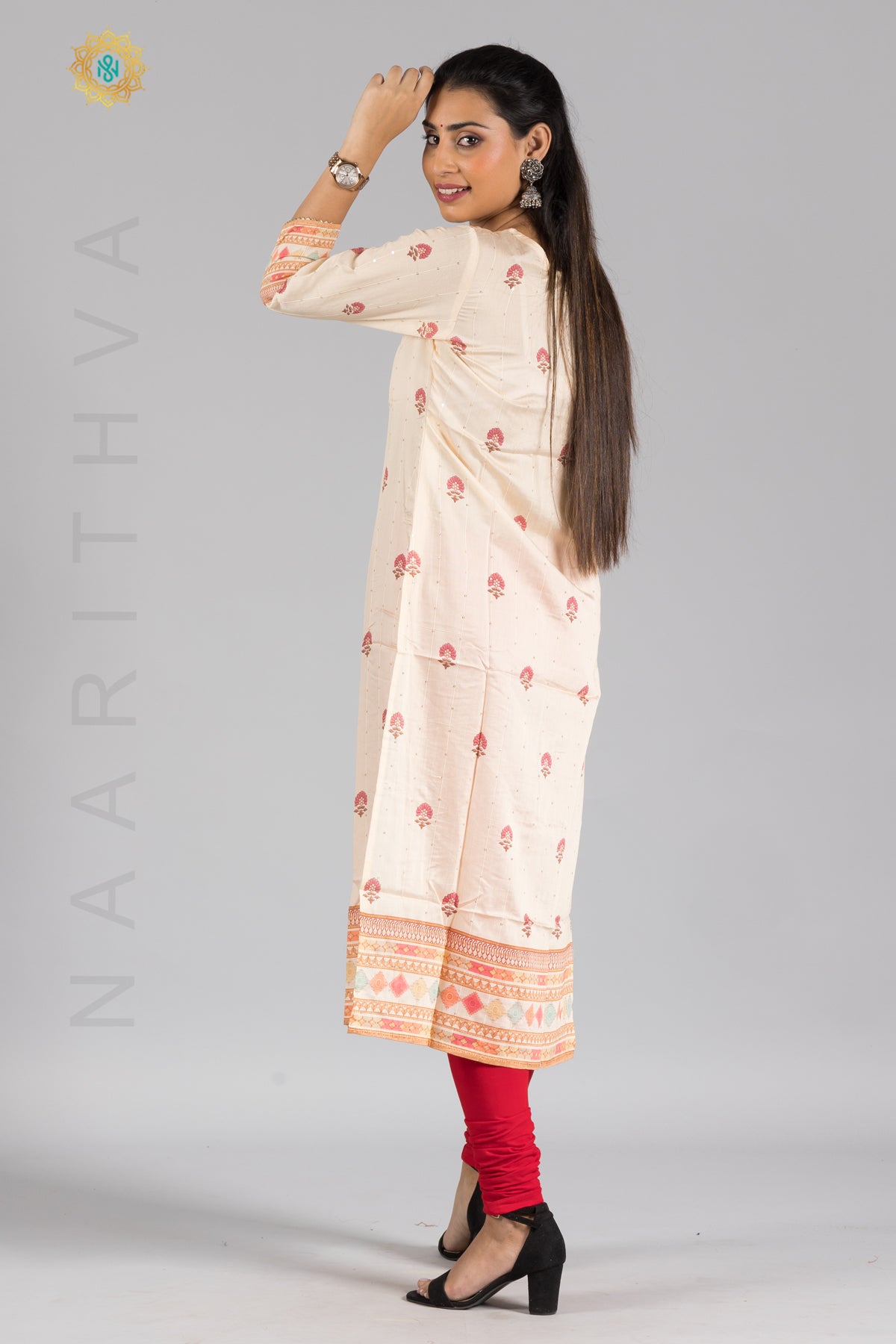 CREAM - CASUAL KURTI WITH NECK EMBROIDERY