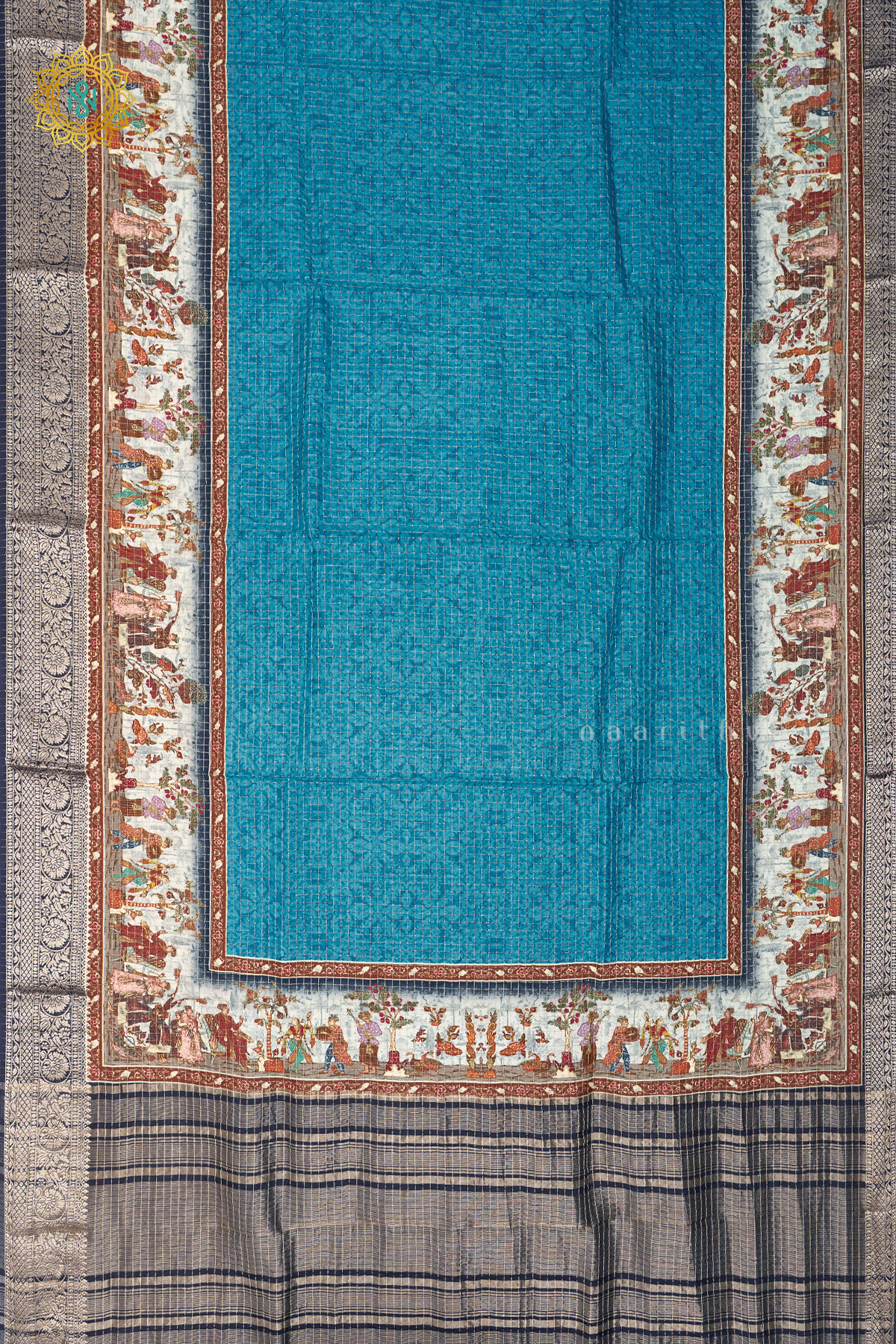 SKY BLUE WITH PEACOCK BLUE - SEMI CREPE SILK