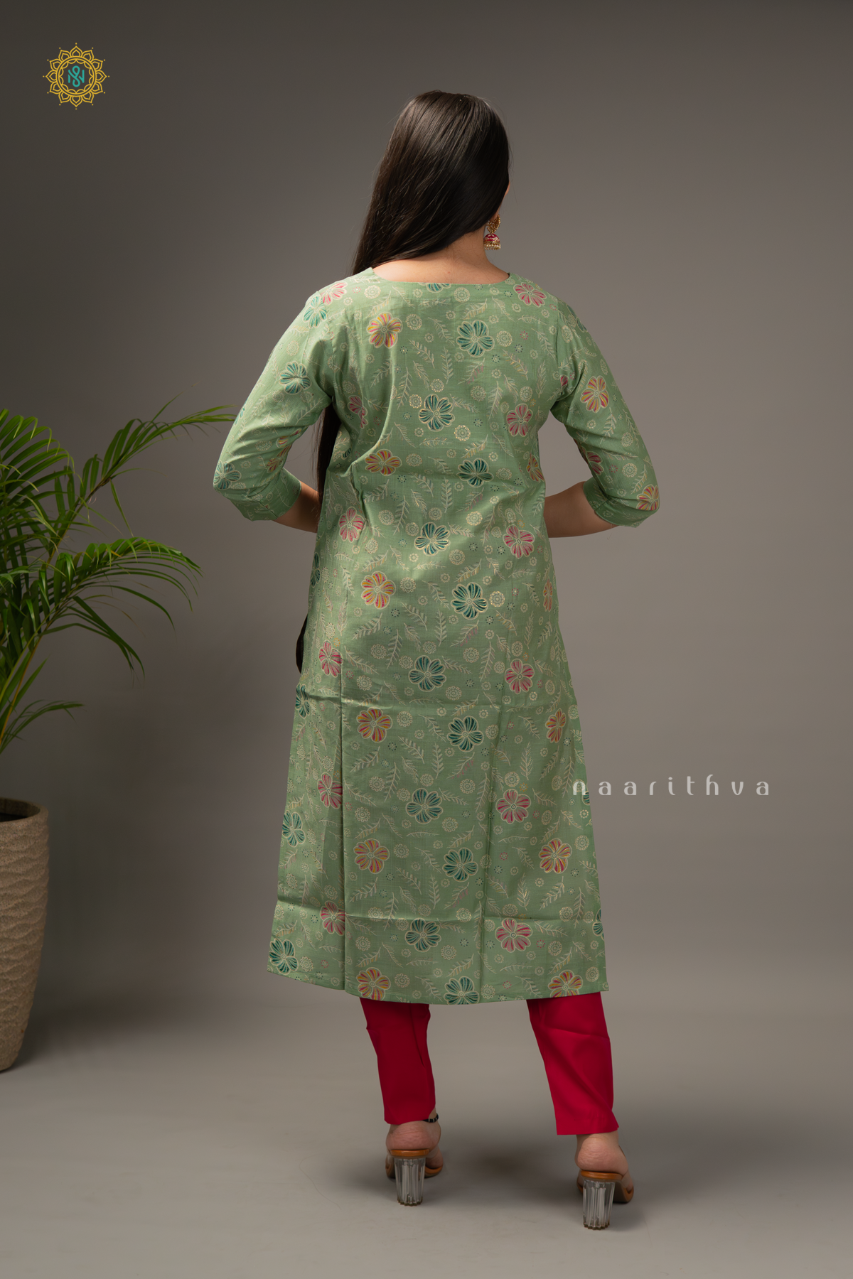 SAGE GREEN WITH PINK - COTTON 3PC SALWAR SUIT WITH TOP, BOTTOM & DUPATTA