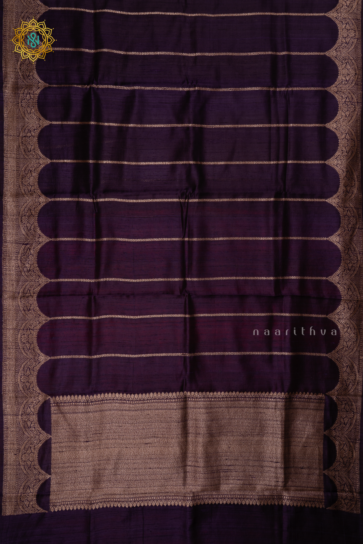 Deep Purple - Pure Banarasi Raw Silk Saree With Allover Zari Stripes And Scallop Border