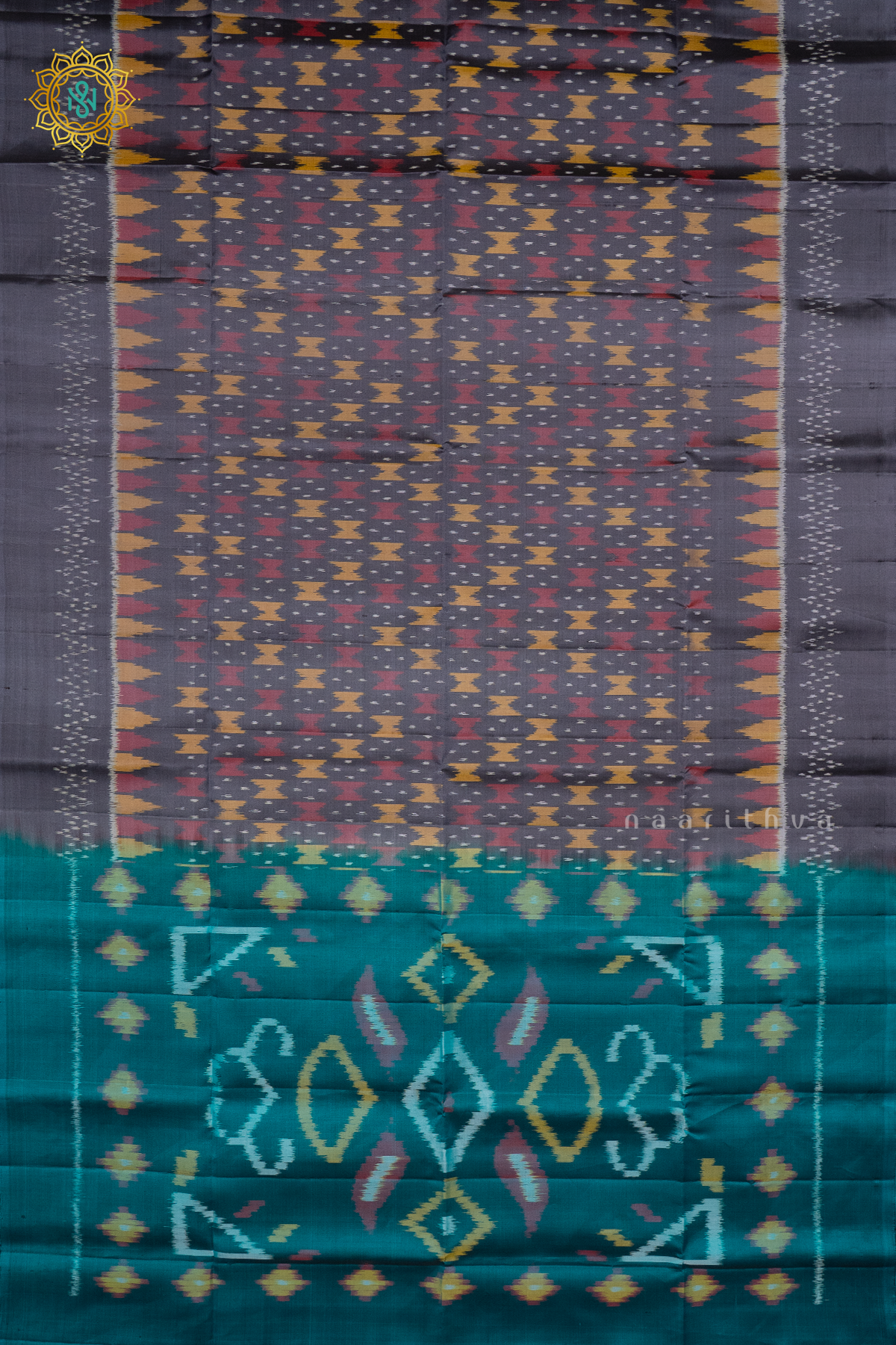 GREY WITH CYAN GREEN - PURE KANJIVARAM IKAT SOFT SILK