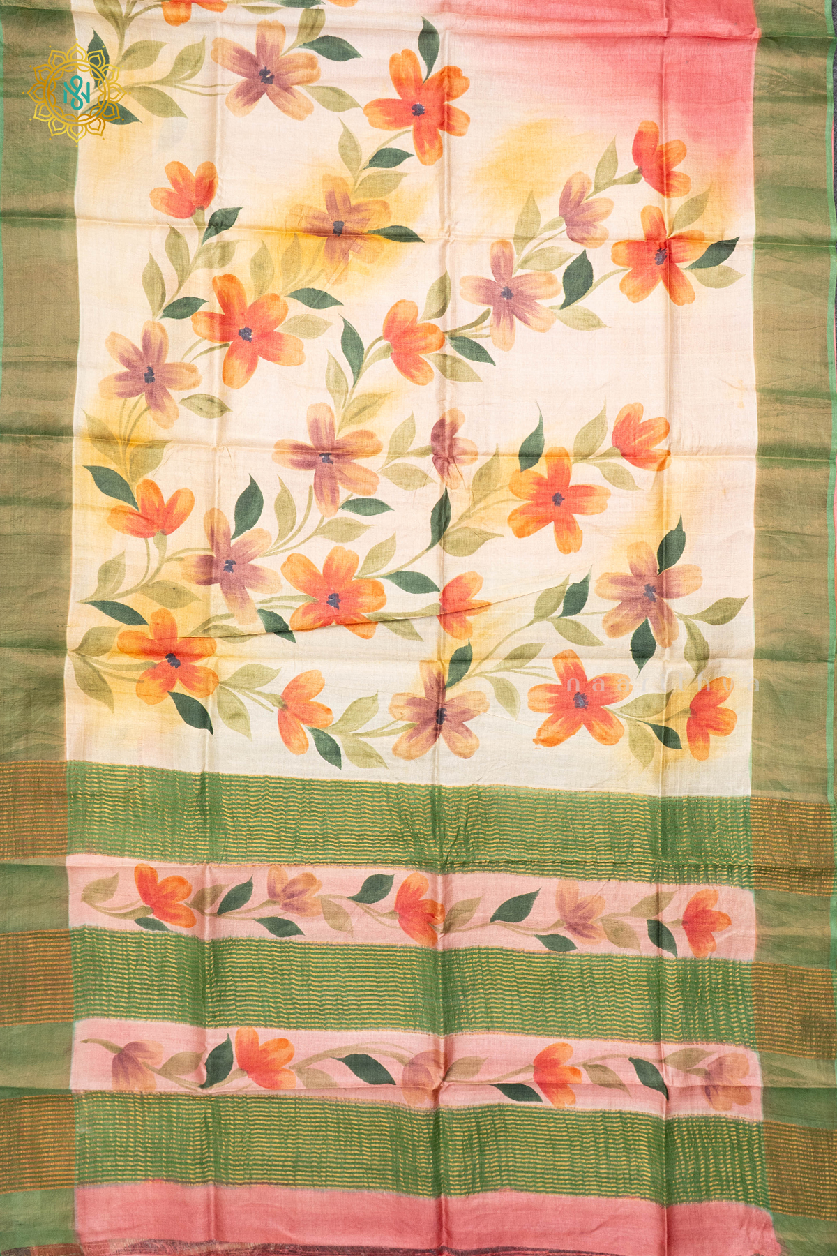 PEACH WITH SAGE GREEN - PURE TUSSAR SILK WITH HAND PAINTED