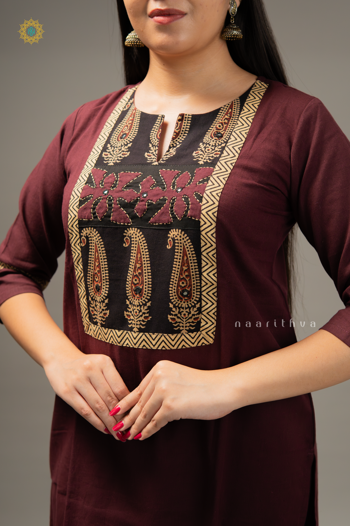 WINE WITH BLACK - COTTON 3PC SALWAR SUIT WITH TOP, BOTTOM & DUPATTA