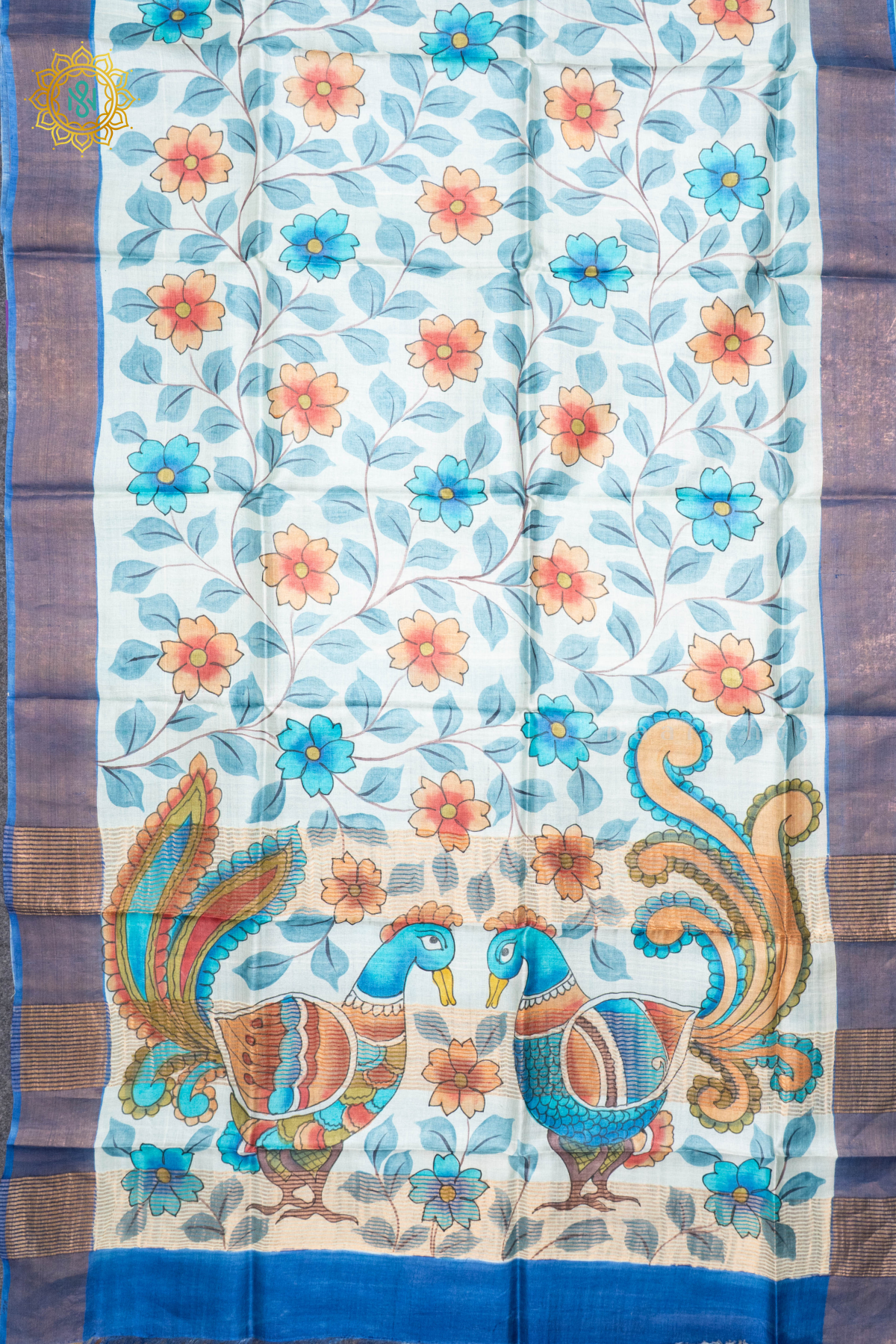 SKY BLUE - PURE TUSSAR SILK WITH HAND PAINTED