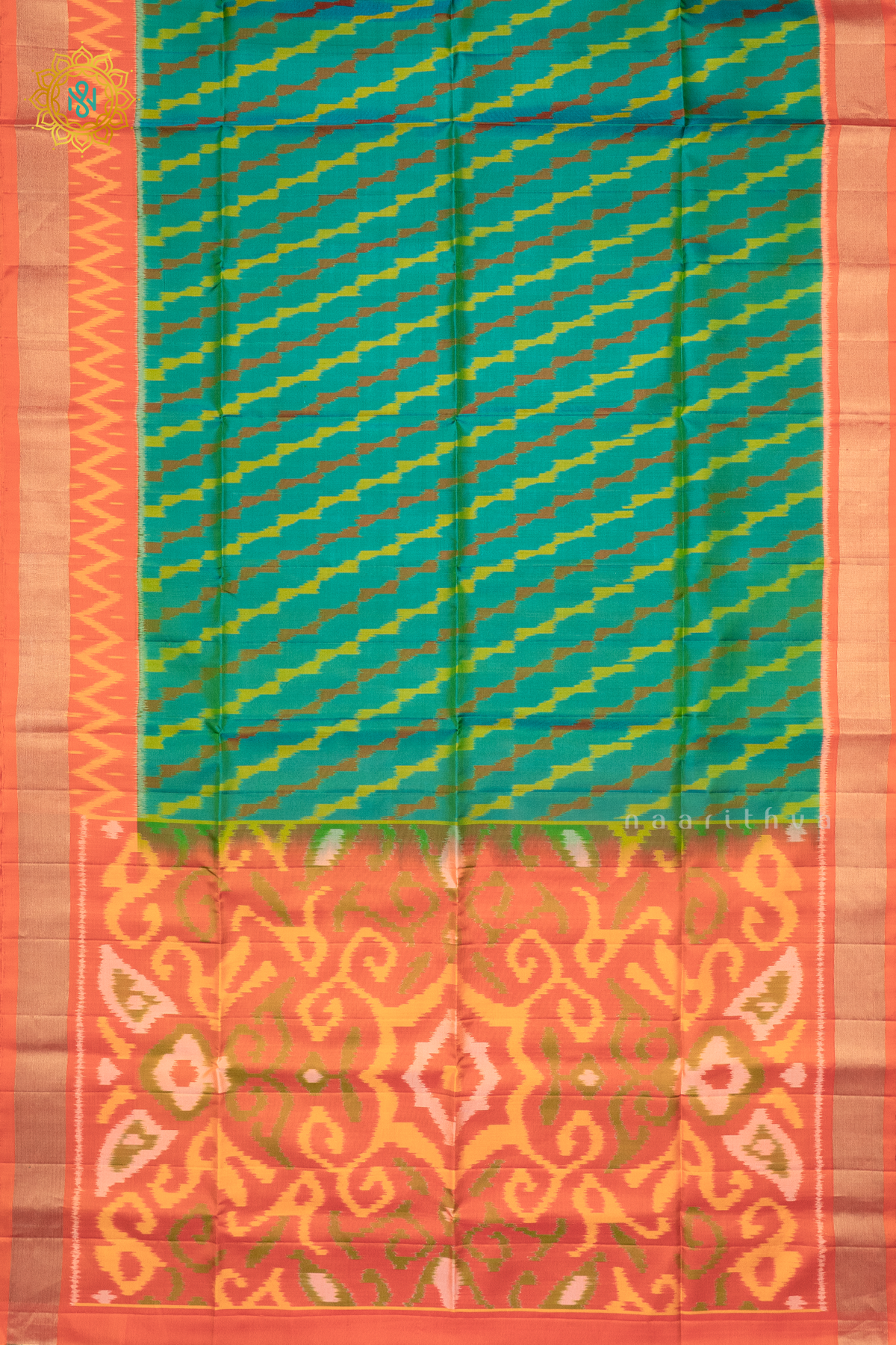 CYAN GREEN WITH ORANGE - PURE KANJIVARAM IKAT SOFT SILK