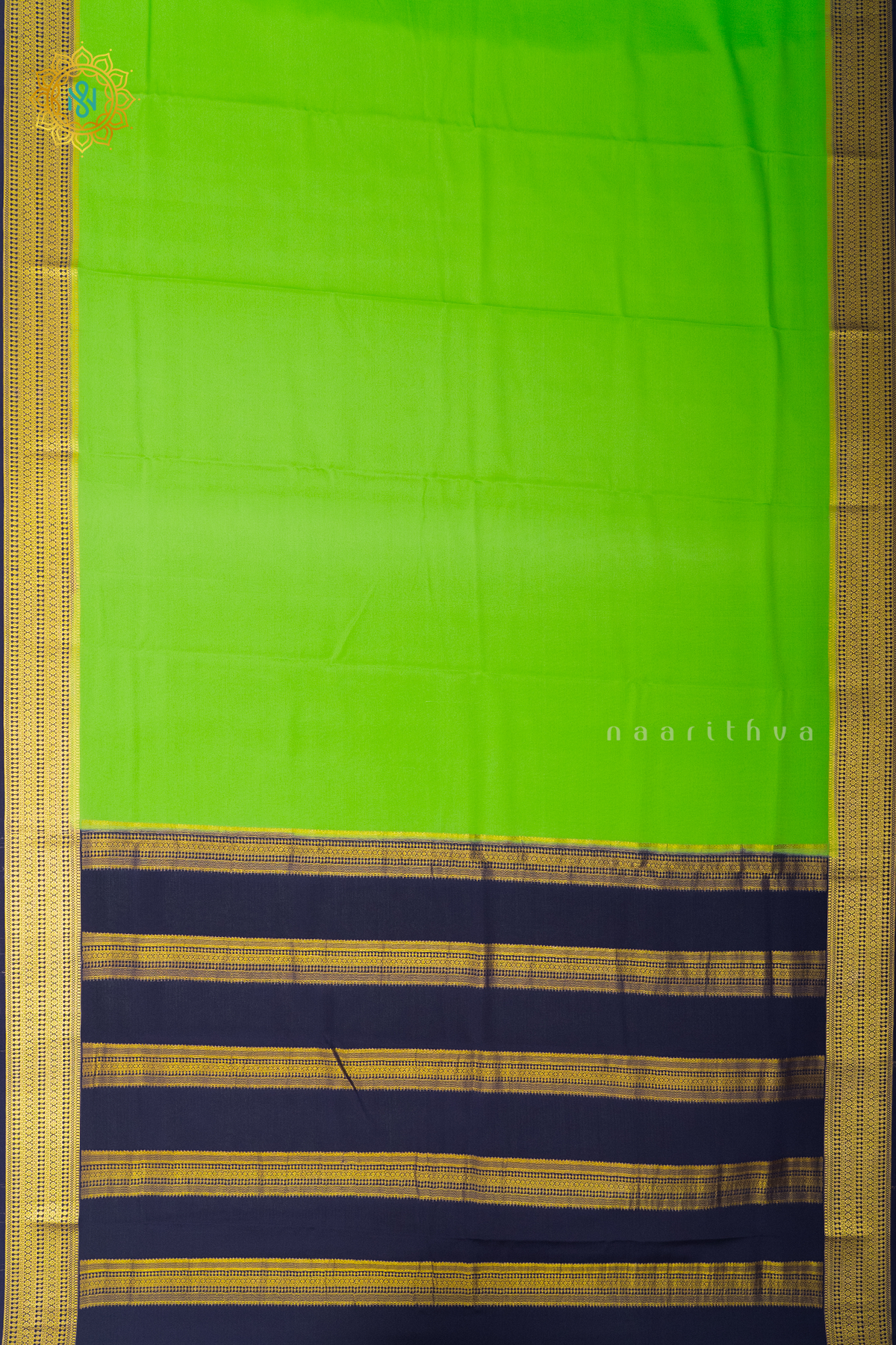 PARROT GREEN WITH NAVY BLUE - PURE MYSORE CREPE SILK