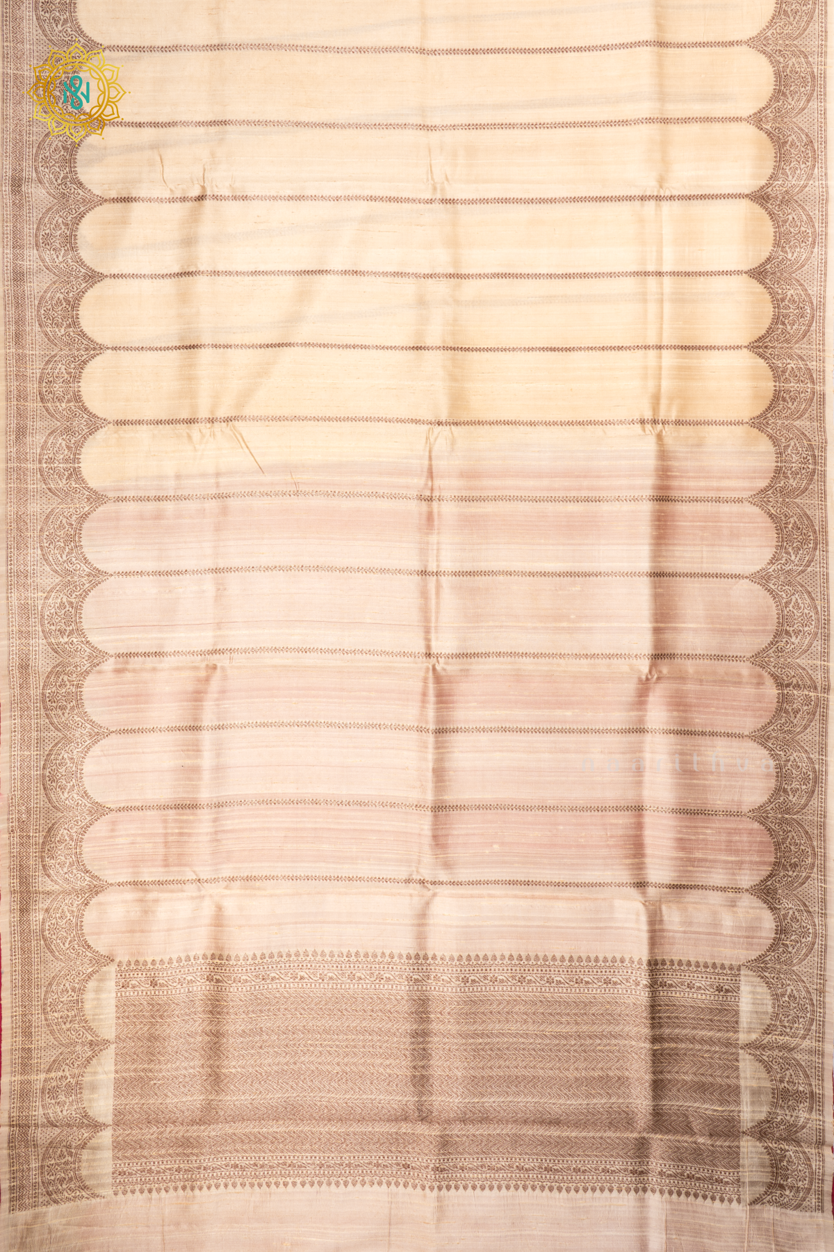 Off White - Pure Banarasi Raw Silk Saree With Allover Zari Stripes And Scallop Border