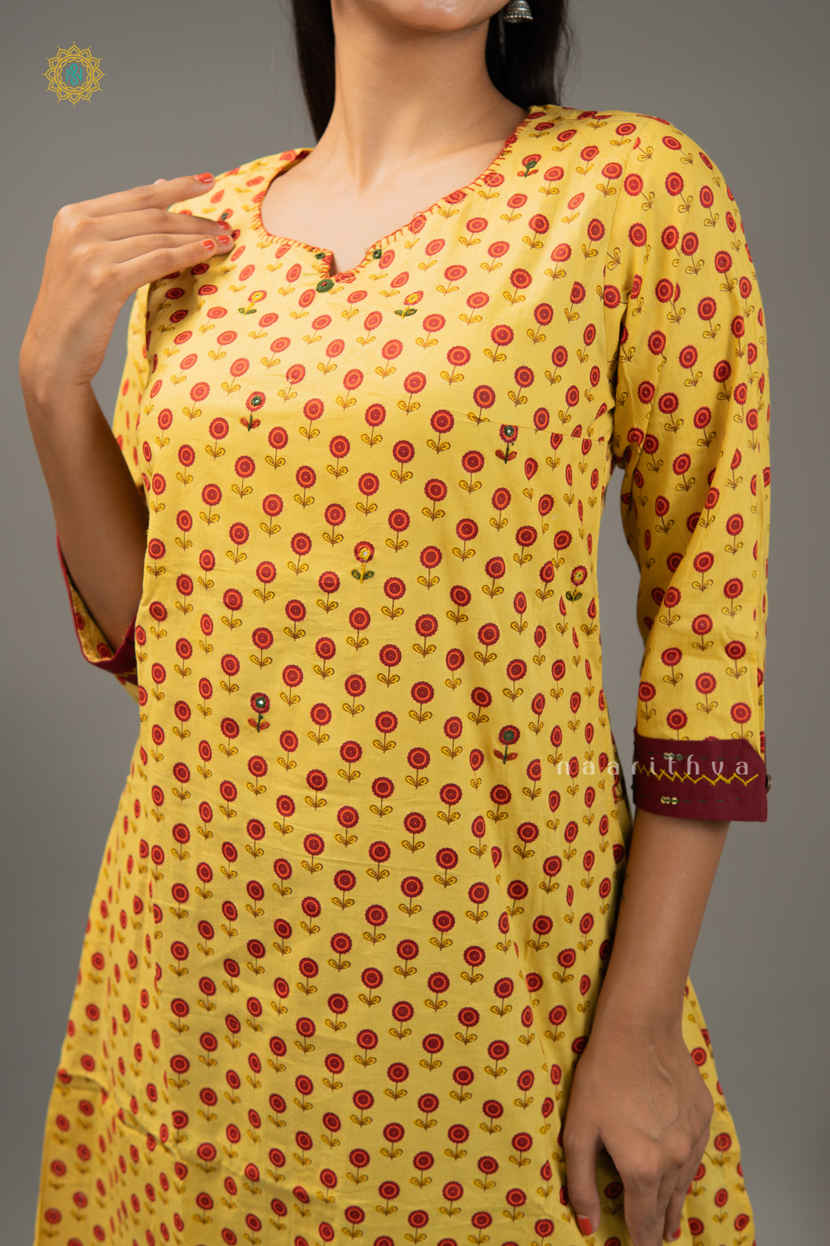 YELLOW WITH MAROON - COTTON 2PC SALWAR SUIT WITH PRINTED TOP & BOTTOM