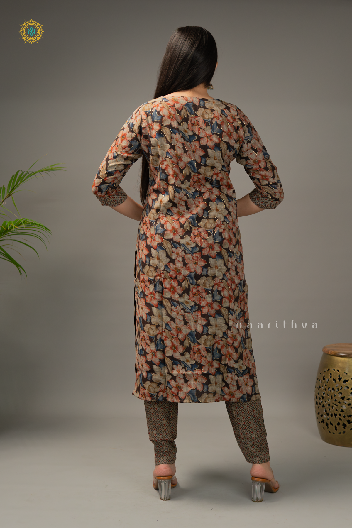 BROWN - COTTON 3PC SALWAR SUIT WITH FLORAL PRINTED TOP & BOTTOM