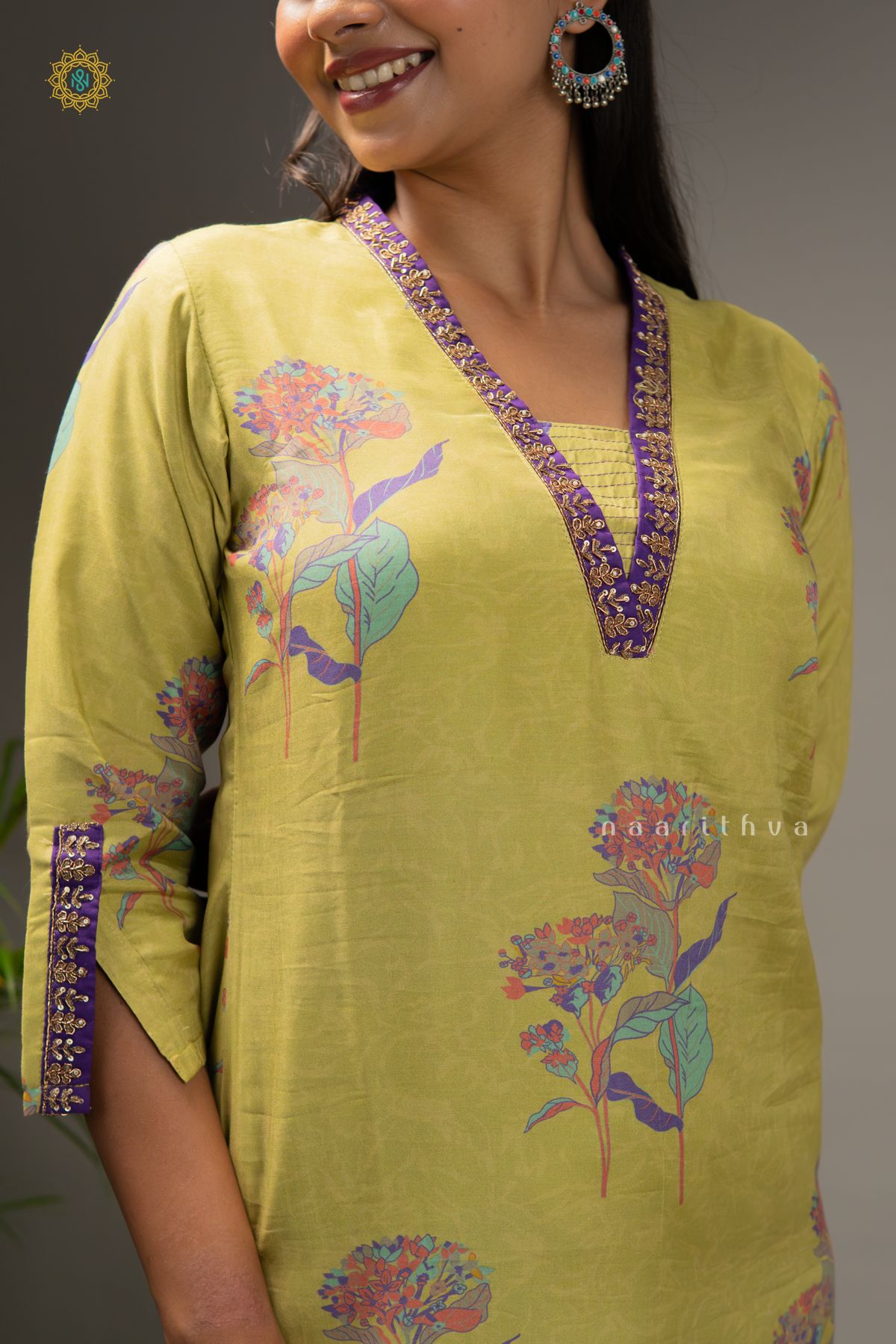 GREEN WITH PURPLE - MUSLIN 3PC SALWAR SUIT WITH TOP, BOTTOM & DUPPATA