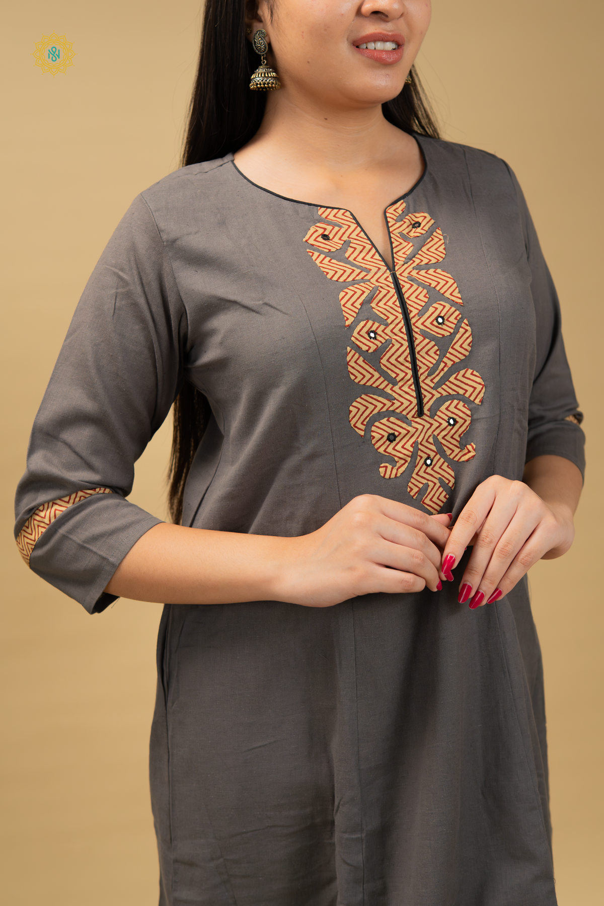 ELEPHANT GREY WITH BEIGE - COTTON 3PC SALWAR SUIT WITH TOP, BOTTOM & DUPATTA