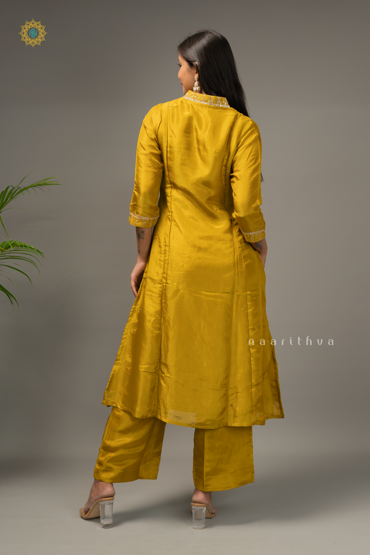 YELLOW - TISSUE SALWAR SUIT WITH SEQUINS WORK TOP, BOTTOM & DUPPATA