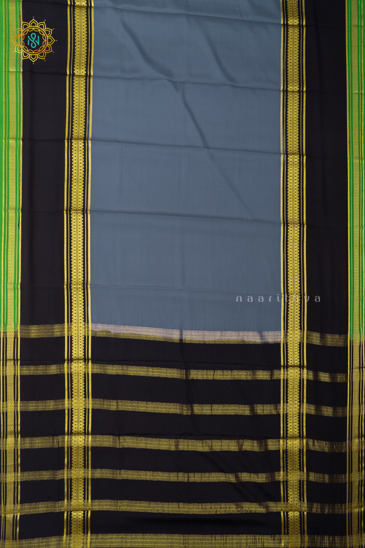 ELEPHANT GREY WITH BLACK & GREEN - PURE MYSORE CREPE SILK