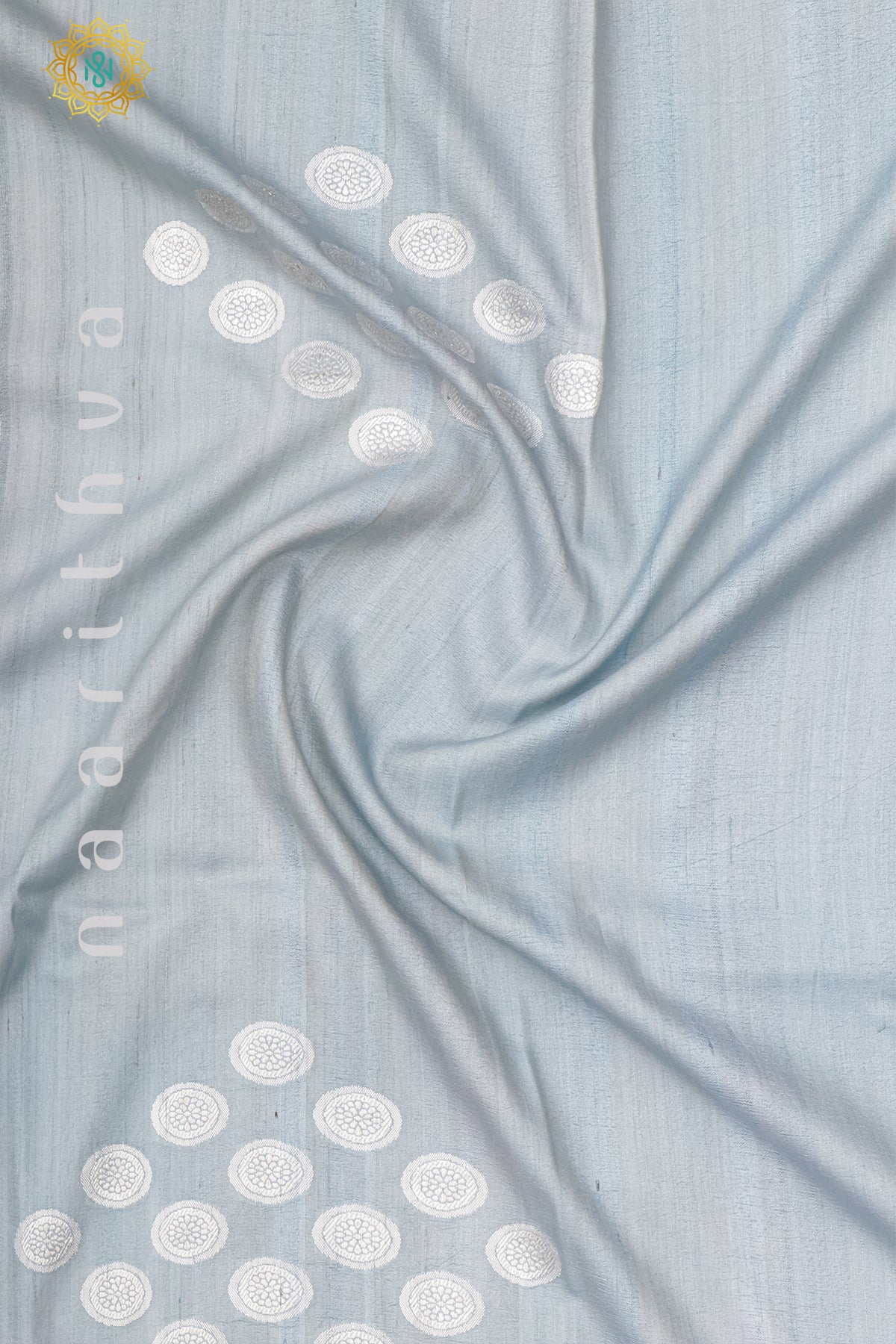 AQUA BLUE WITH PEACH & LAVENDER - PURE HAND PAINTED TUSSAR GEORGETTE