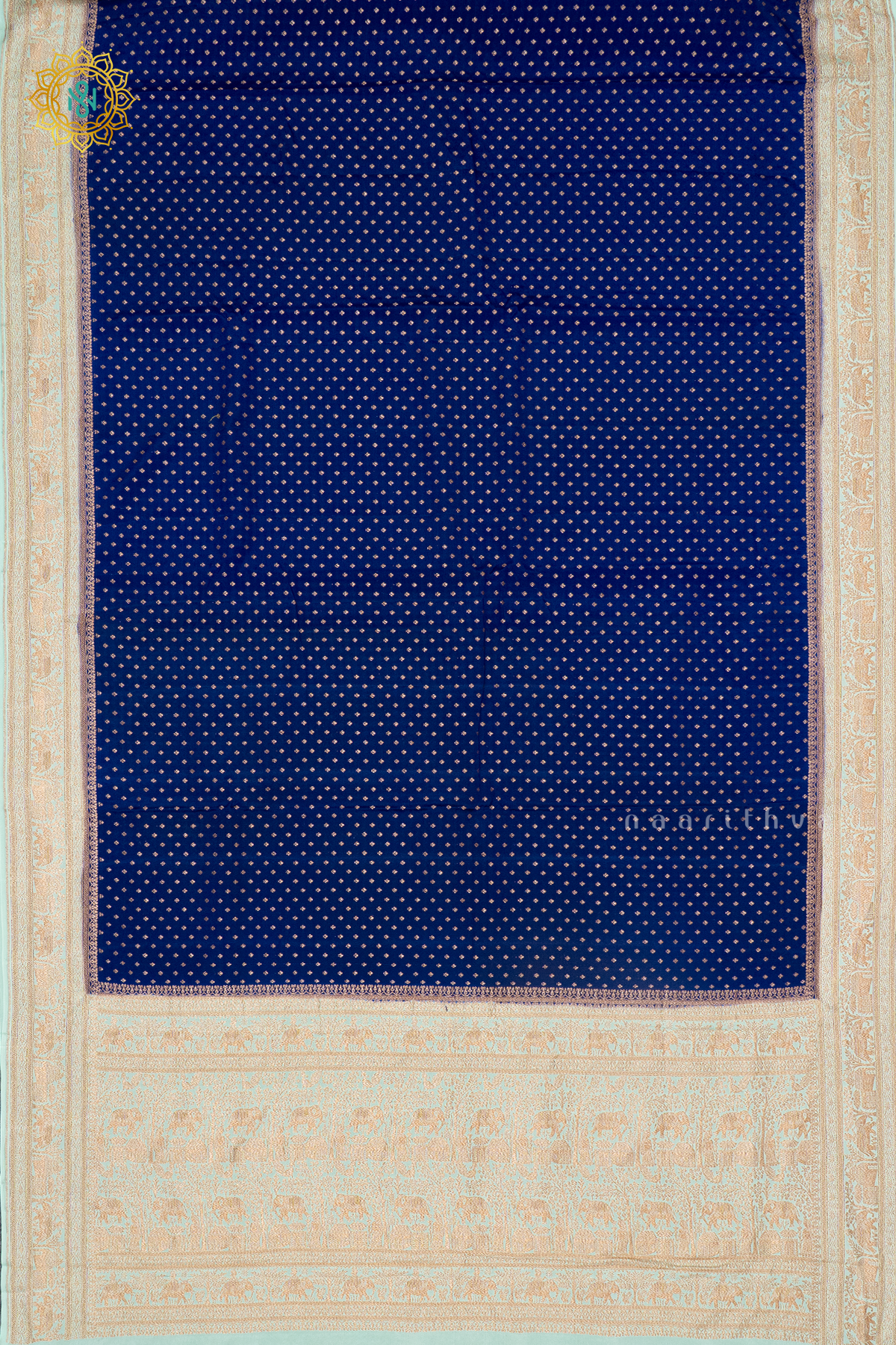 BLUE WITH AQUA GREEN - PURE BANRASI CREPE SILK