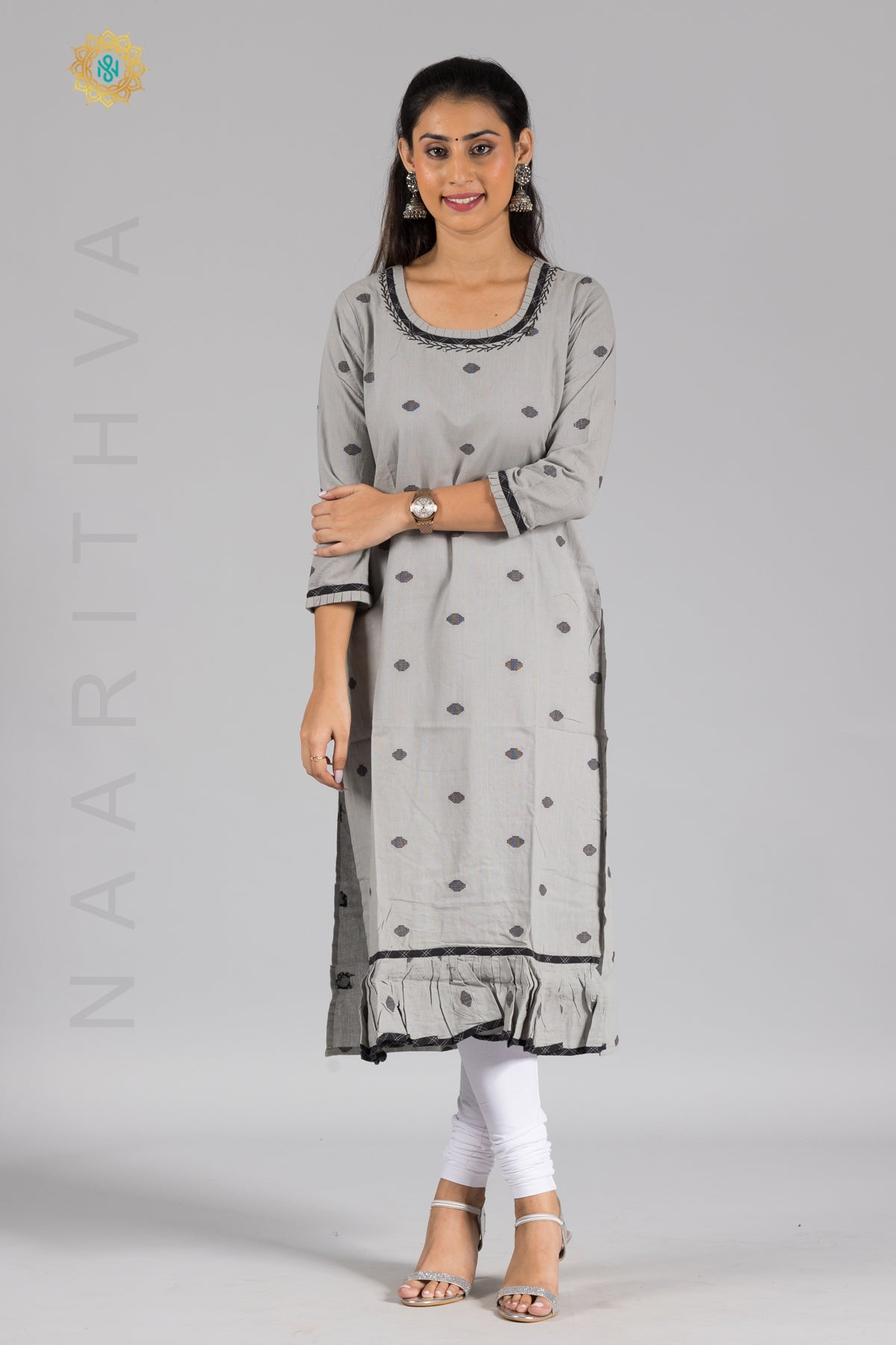 GREY - COTTON STRAIGHT CUT CASUAL KURTI WITH THREAD EMBROIDERY