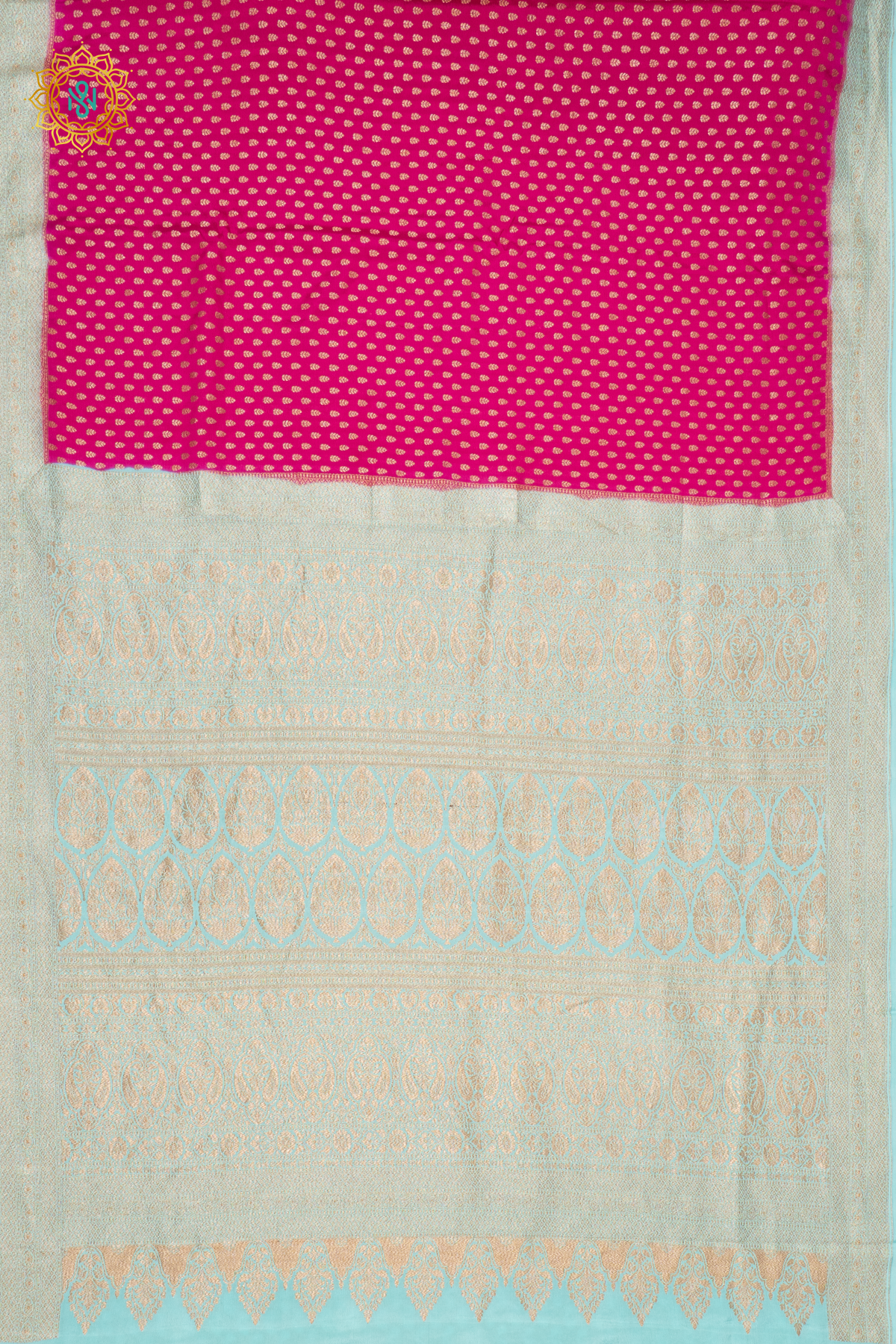 PINK WITH AQUA GREEN - PURE BANARASI CREPE SILK