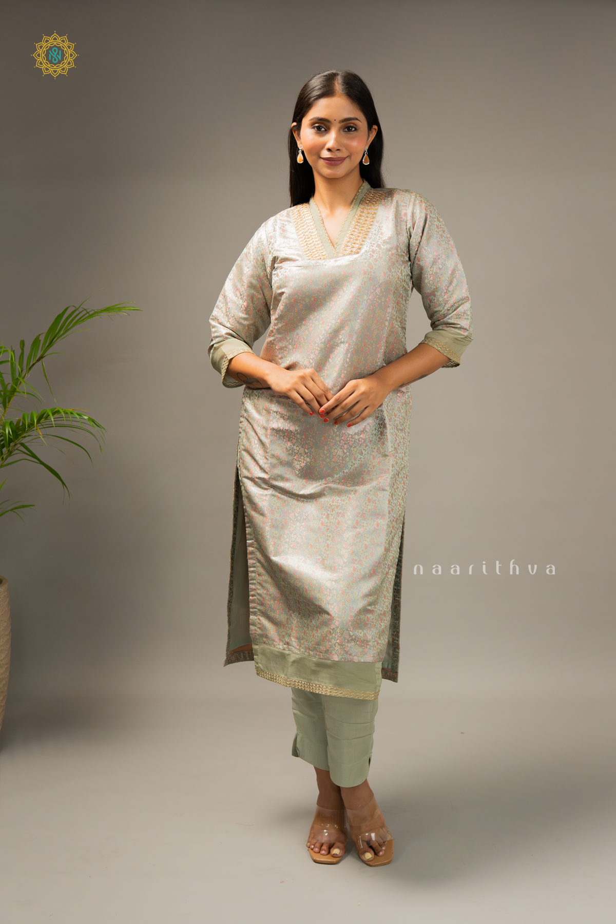 GREY - SATIN 3PC SALWAR SUIT WITH TANCHOI WEAVING TOP, BOTTOM & DUPATTA