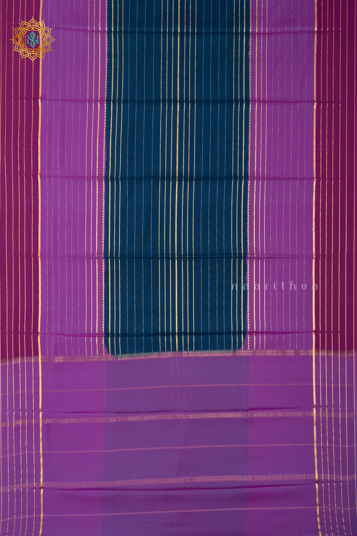 PEACOCK BLUE WITH LAVENDER & PINK - PURE MYSORE CREPE SILK