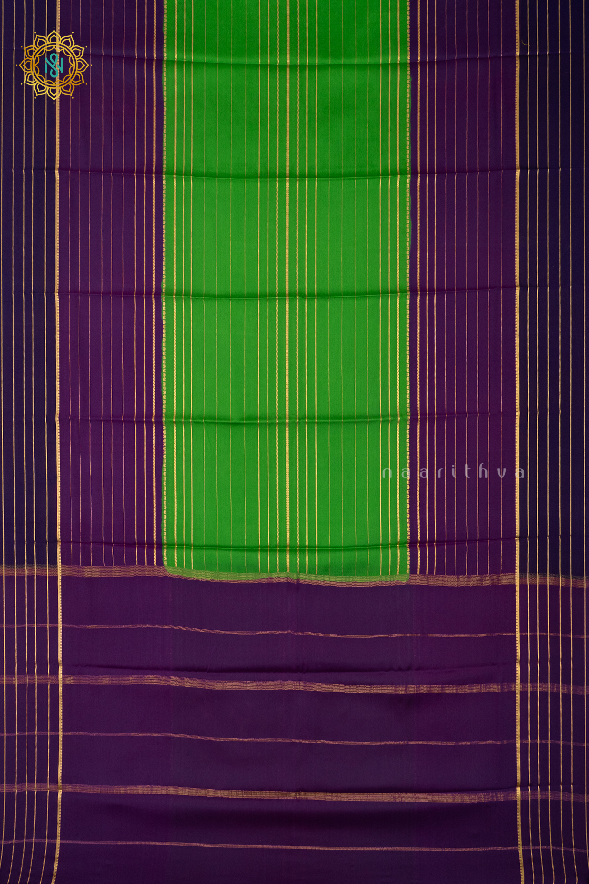 PARROT GREEN WITH WINE & PURPLE - PURE MYSORE CREPE SILK