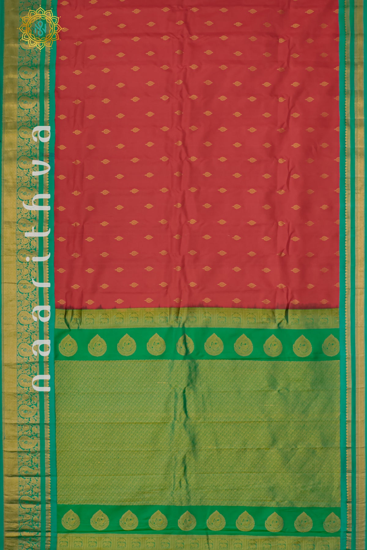 RED WITH GREEN - PURE GADWAL SILK